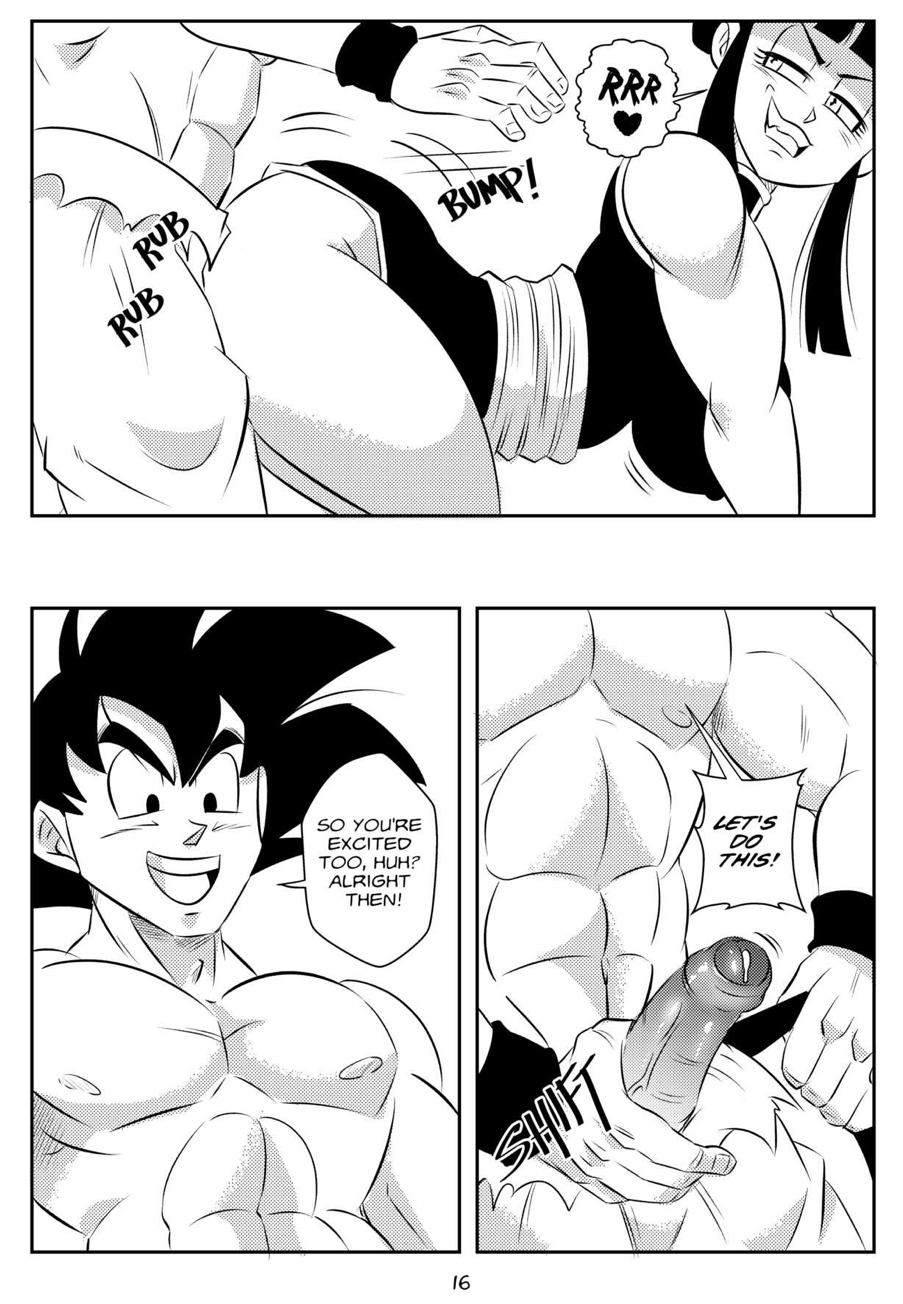 1boy, 1girls, abs, ass, big ass, big breasts, big penis, black and white, breasts, chichi, comic, dragon ball, dragon ball super, dragon ball z, female, funsexydragonball, imminent penetration, imminent sex, looking back, male, monochrome, muscular, muscular male, nipples, page 16, penis, rubbing, son goku, thick thighs