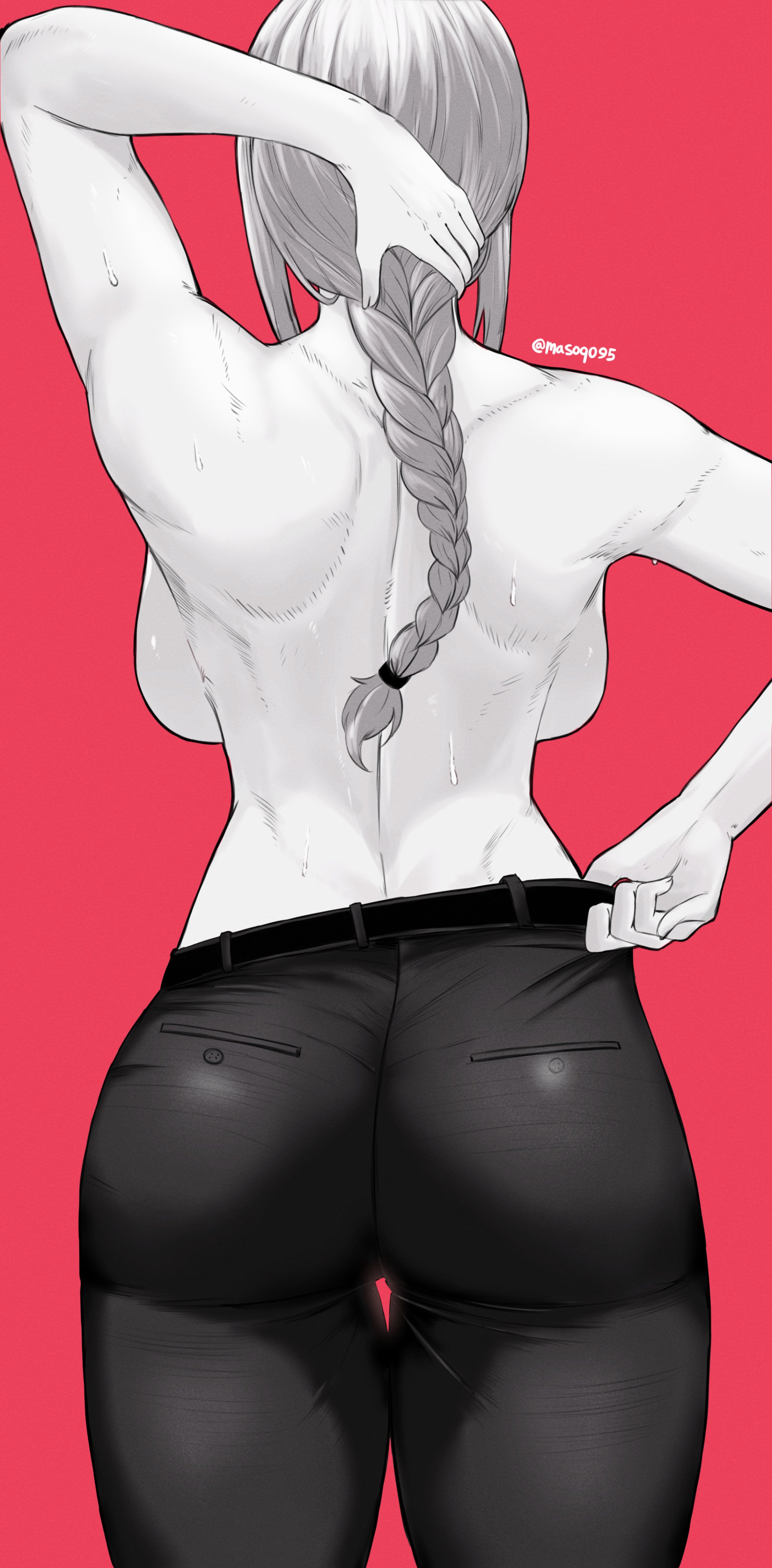 1girls, arm up, ass, ass focus, back, back view, backboob, behind view, big ass, big breasts, big butt, braid, braided hair, braided ponytail, braids, breasts, busty, chainsaw man, fat ass, female, huge ass, huge butt, large ass, large breasts, large butt, makima (chainsaw man), masoq095, shirtless, shounen jump, sweat, sweating, sweaty, tagme, thick, thick ass, thick thighs, thigh gap, thighs, tight clothing, tight fit, tight pants, topless