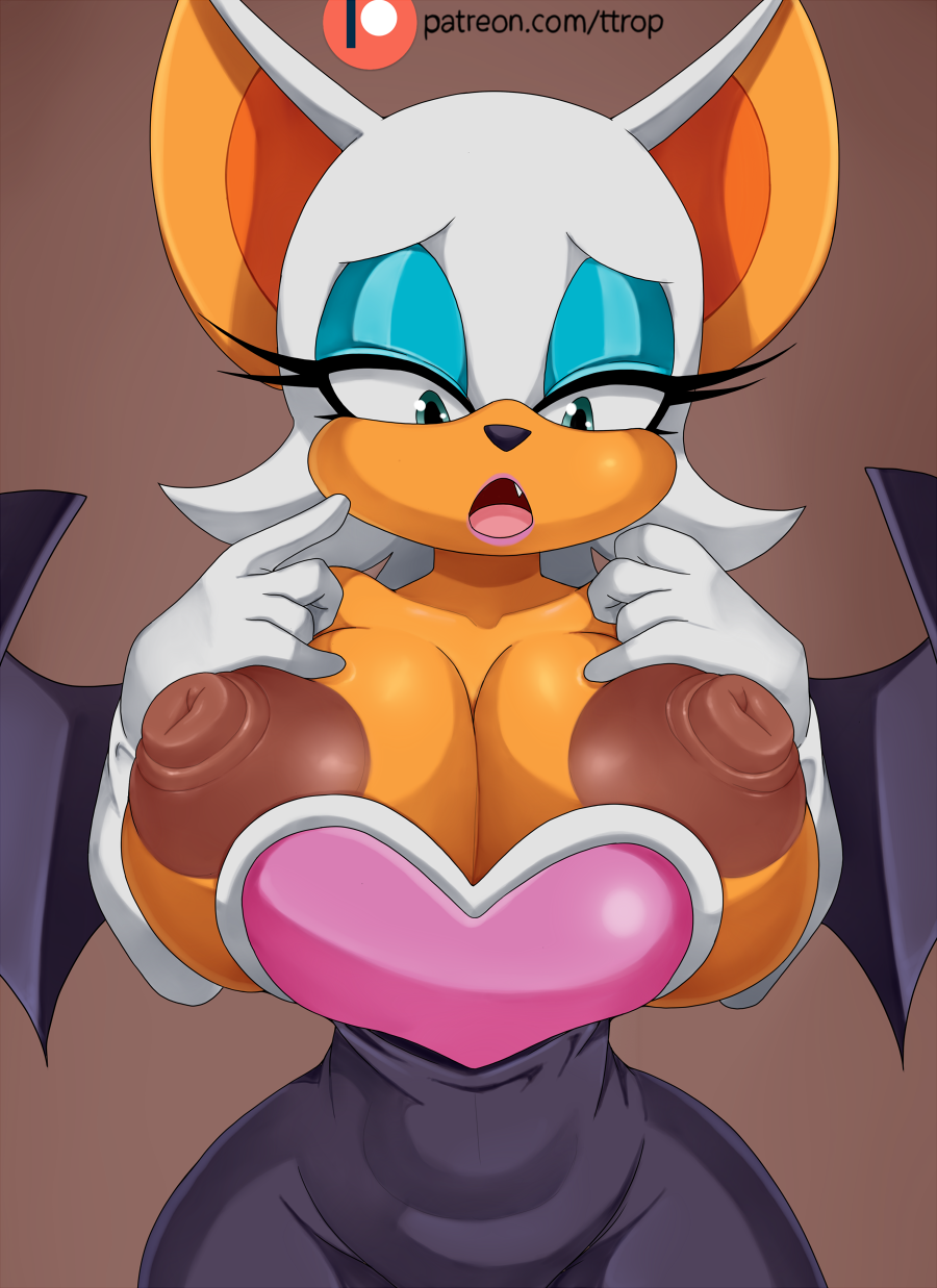 1girls, alternate breast size, areolae, big breasts, blue eyes, breasts, erect nipples, female, female focus, female only, huge areolae, huge breasts, large breasts, nipples, rouge the bat, sonic (series), sonic the hedgehog (series), ttrop, white fur, white hair, yellow body
