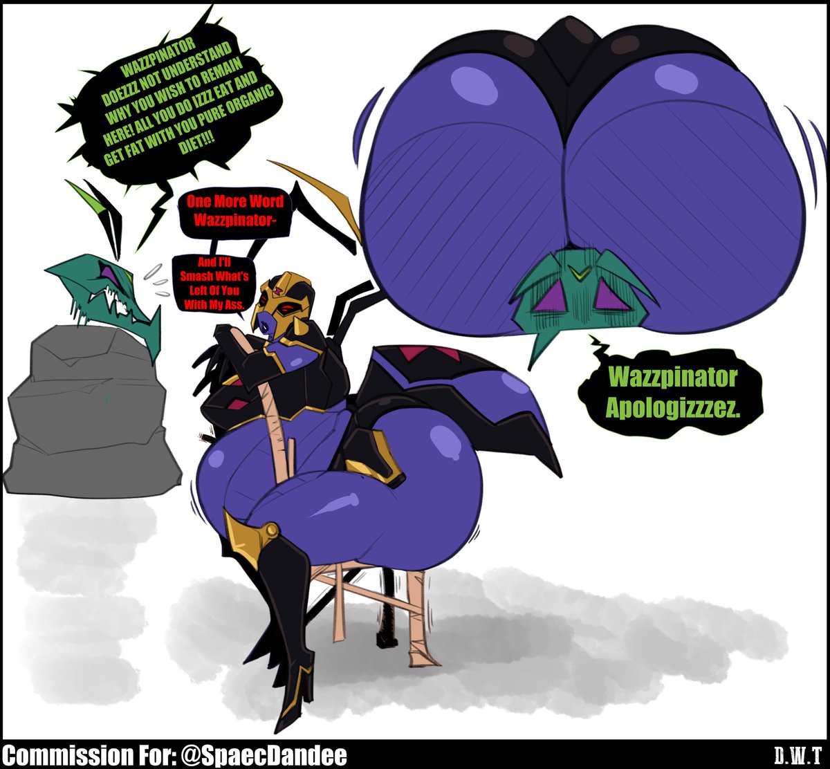 1girls 1other 2021 armor artist_name ass big_ass big_breasts blackarachnia bottom_heavy breasts chair commission dat_ass dialogue dongwongtang duo english_text facesitting fat_ass female female_focus gigantic_ass huge_ass huge_breasts large_ass large_breasts mature_female presenting_hindquarters rear_view sitting_backwards text thick_thighs transformers waspinator white_background wide_hips wiggle_lines