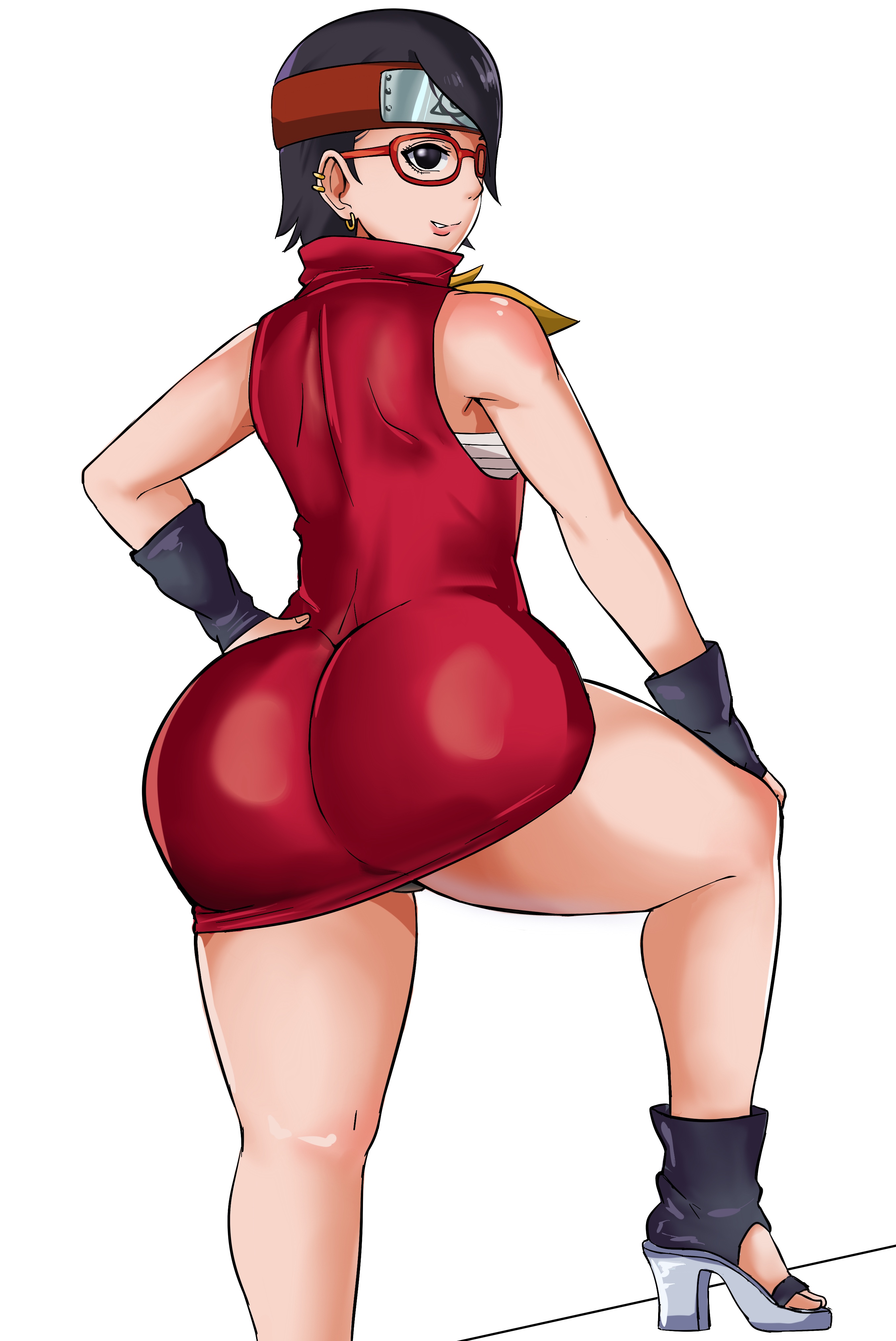 1girls, alternate costume, ass, ass focus, big ass, black eyes, black hair, boruto: naruto next generations, bubble ass, bubble butt, clothed, clothed female, clothing, ear piercing, earrings, eyewear, fat ass, female, female only, glasses, headband, headwear, heels, huge ass, large ass, lips, manga style, manga version, naruto, naruto (series), panarandom, sarada uchiha, sarada uchiha (manga), solo, solo female, thighs