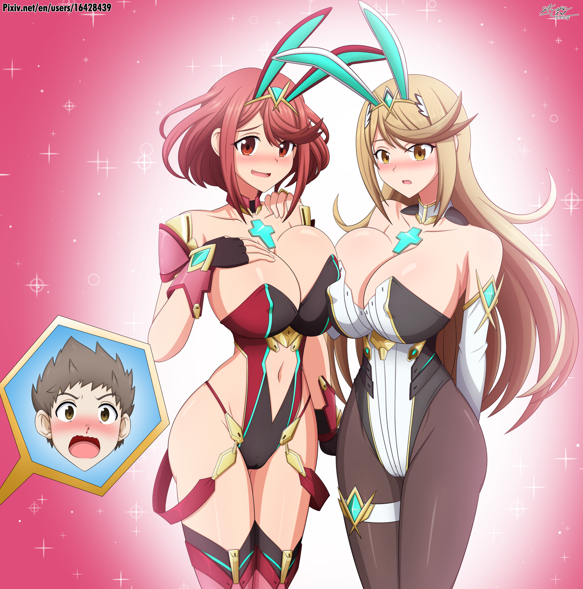 1boy, 2girls, belly button, big breasts, blonde hair, breast press, breasts, brown hair, bunny ears, bunny girl, bunnysuit, busty, cleavage, curvy, deep blush, female, happy female, horny female, horny male, luna xd, male, mythra, nintendo, pantyhose, pyra, red hair, rex (xenoblade), thick thighs, thighs, xenoblade (series), xenoblade chronicles 2