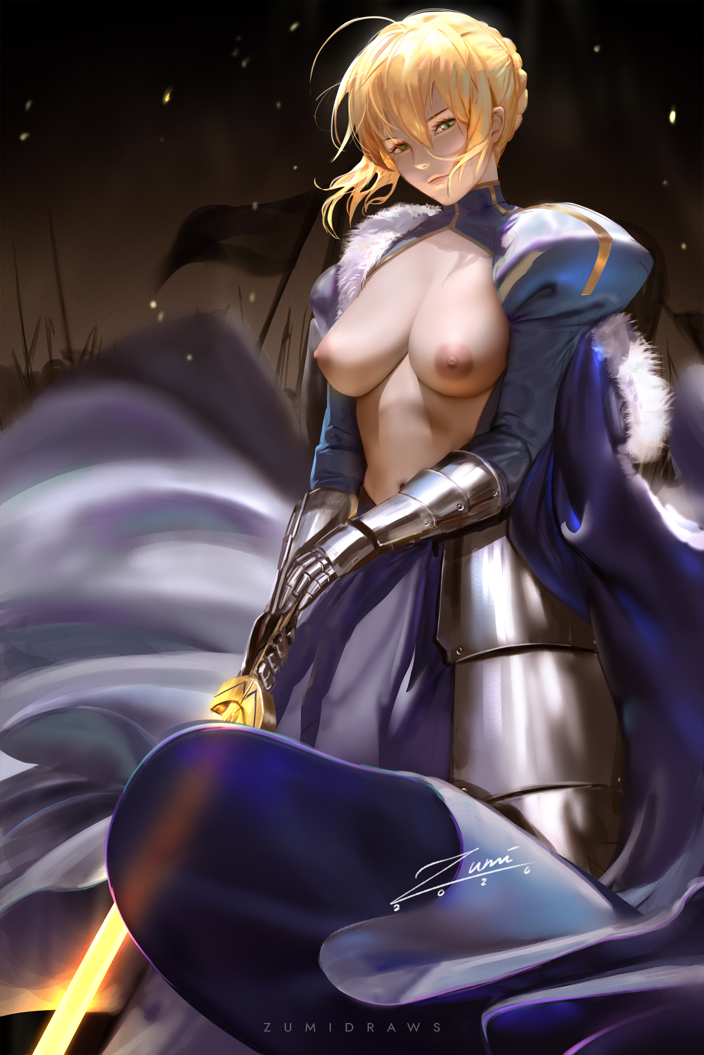 1girls, armor, artoria pendragon, big breasts, blonde hair, breasts, excalibur, fate (series), fate/stay night, female, female only, french braid, gauntlets, green eyes, nipples, open clothes, paid reward, patreon reward, saber, solo, sword, weapon, zumi