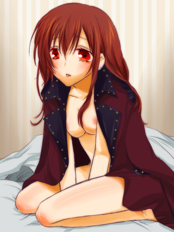 after_sex aragaki_shinjirou atlus bed blush breasts brown_hair female female_protagonist_(persona_3) hair_down ichimatsu_shiro kotone_shiomi long_hair nipples nude persona persona_3 persona_3_portable red_eyes small_breasts solo trenchcoat