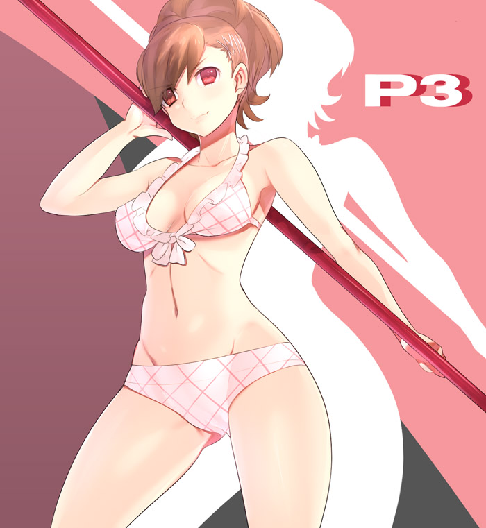 atlus bikini brown_hair clothing female female_protagonist_(persona_3) groin human kotone_shiomi naso4 navel pale_skin persona persona_3 persona_3_portable red_eyes solo swimsuit swimwear weapon