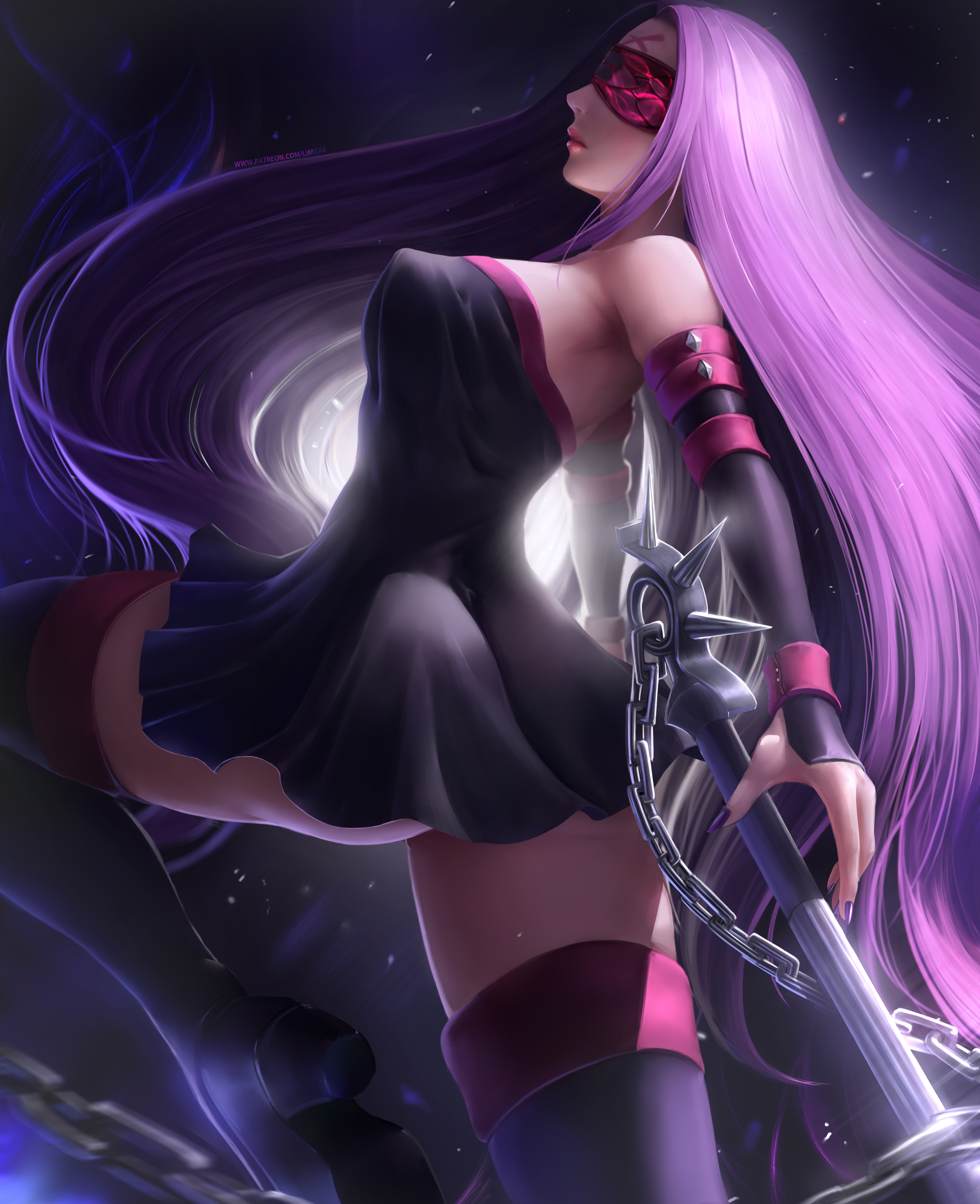 1girls, 2020, absurdres, armpits, ass, backboob, blindfold, breasts, elbow gloves, fate (series), fate/stay night, female, high resolution, highres, large breasts, limgae, medusa (fate), purple hair, thick thighs, thighhighs, weapon