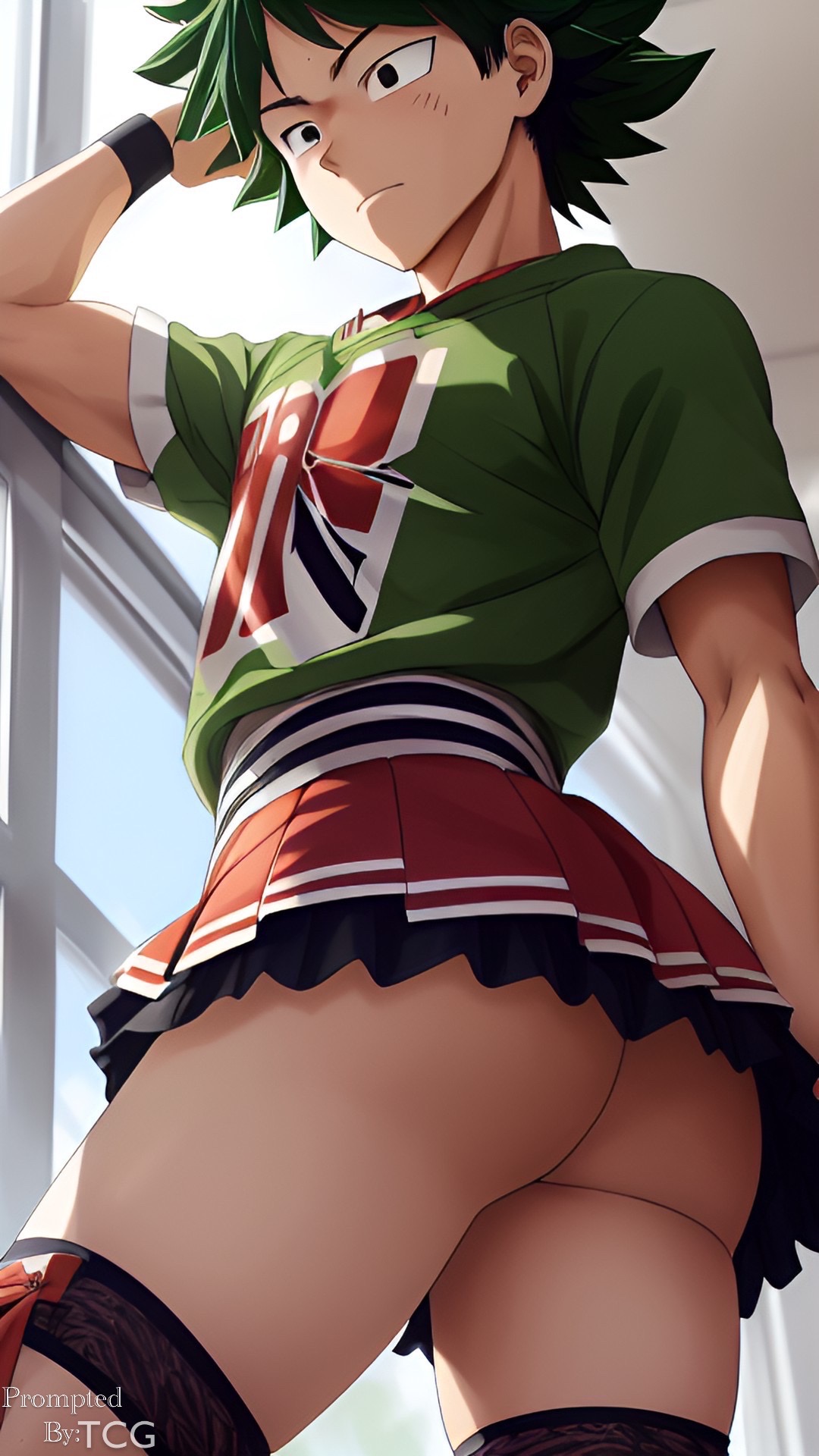 1boy, abs, ai generated, crossdressing, deku, femboy, girly, green hair, izuku midoriya, male, male only, my hero academia, skirt, thechronicgamer, thighhighs, trap