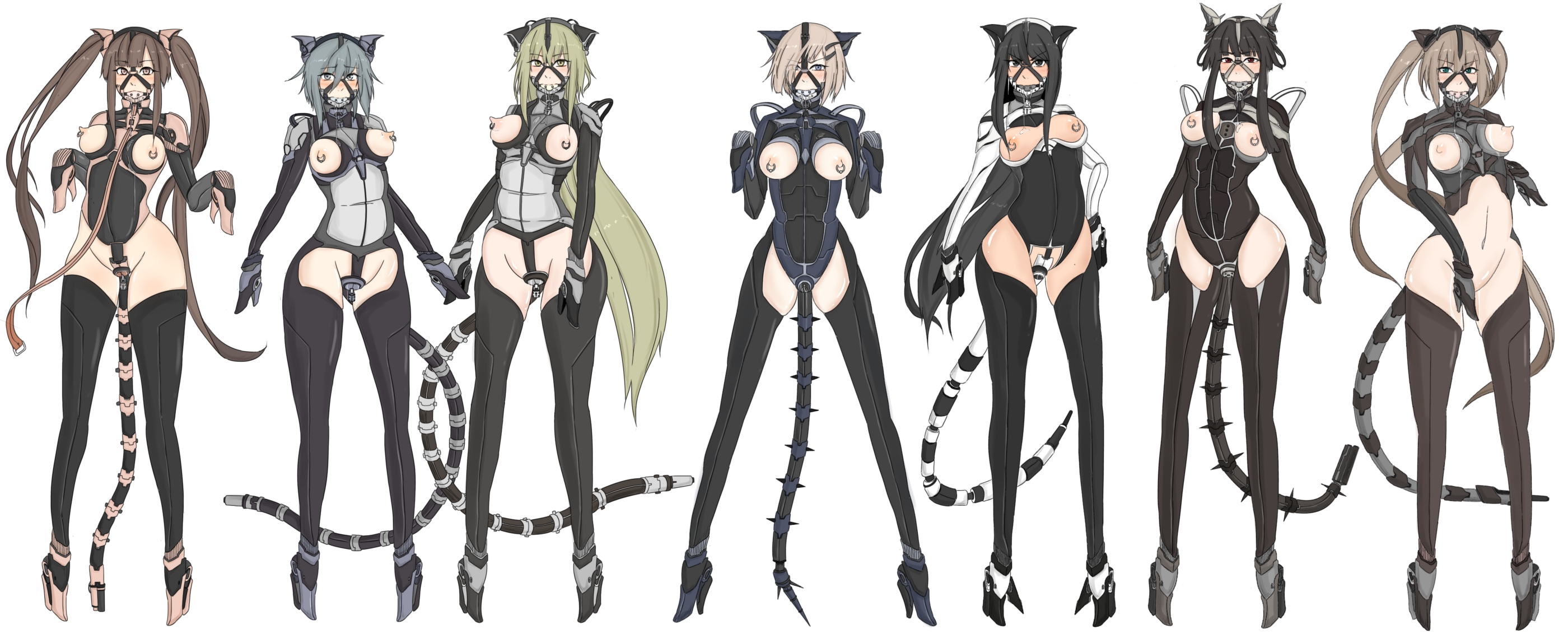 6+girls, animal ears, ball gag, black hair, blue eyes, blue hair, blush, bondage, bottomless, bound, breasts, brown eyes, brown hair, chastity, chastity belt, chastity device, collar, cyborg, female, female chastity, female only, gag, gagged, gatling raid, green eyes, green hair, harness ball gag, leash, lineup, long hair, looking at viewer, mecha musume, medium breasts, multiple females, multiple girls, nipple piercing, nipples, original, pet play, petplay, piercing, ponyplay, short hair, slave, tail, take your pick, twintails