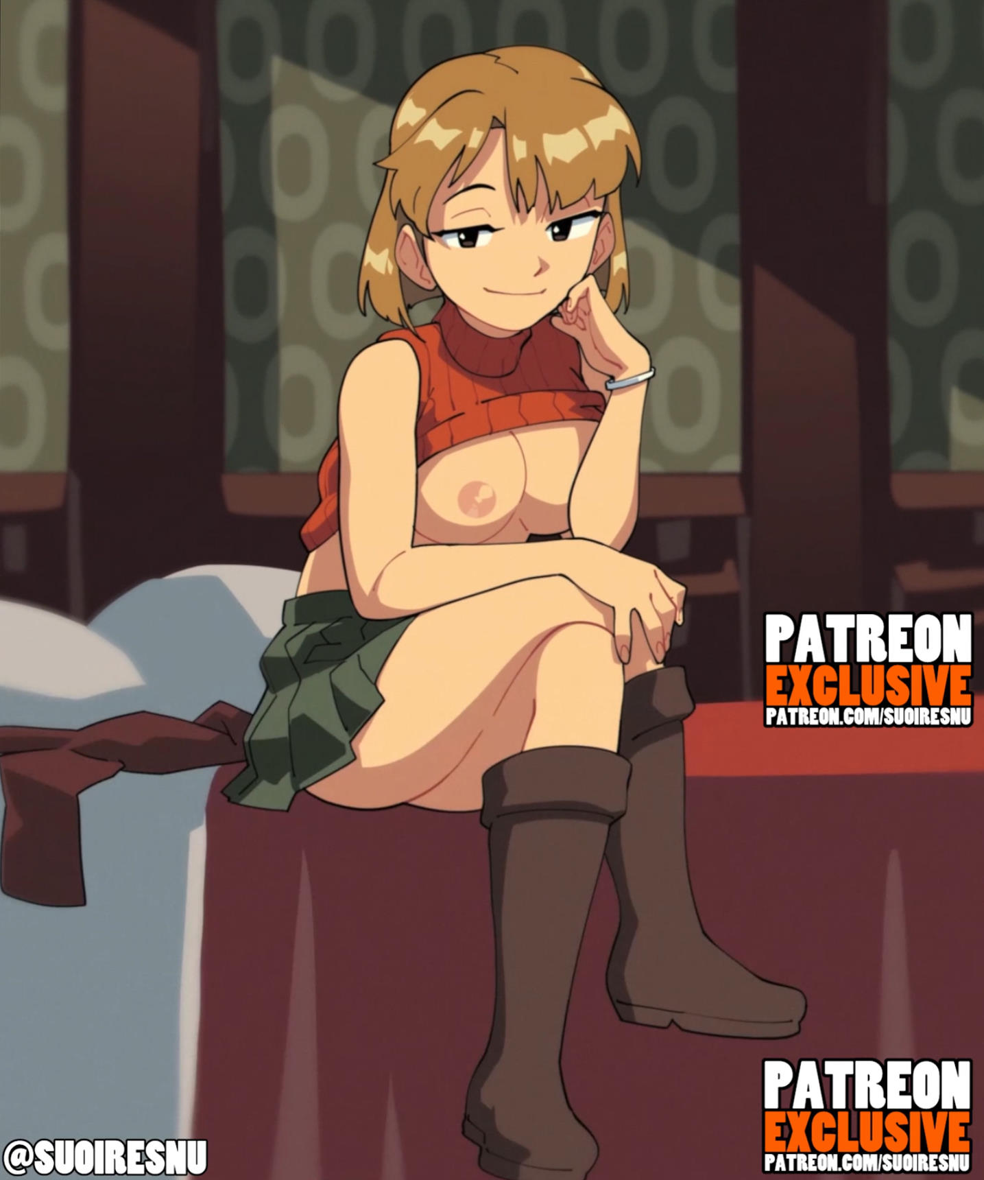 1girls, 2d, areolae, ashley graham, ashley graham (brooke elizabeth mathieson), blonde hair, blonde-haired female, boots, breasts, breasts out, clothing, female, hi res, human, light skin, light-skinned female, looking at viewer, medium breasts, medium hair, miniskirt, nipples, patreon exclusive, resident evil, resident evil 4, shirt up, shoes, skirt, solo, stitched, straight hair, suoiresnu, sweater, sweater up, teasing, thighs