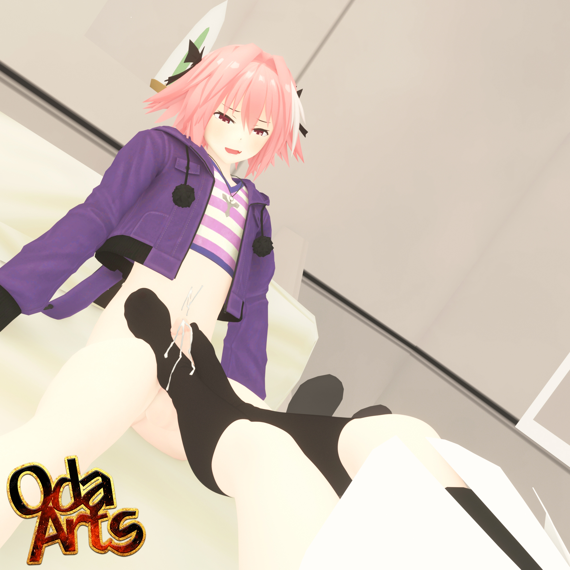 1boy, 1girls, 3d, absurd res, astolfo (fate), blush, blushing, braided hair, cum, cum on feet, cum on self, cum spurt, cumming, cumshot, fate (series), fate/grand order, female, femboy, femboy focus, femboydom, footjob, footjob with legwear, functionally nude, hair ornament, hi res, highres, jacket, legs spread, looking pleasured, male, male focus, necklace, no pants, no underwear, oda arts, partially clothed, pink hair, pleasure face, shirt, sitting, sockjob, twink, unknown female