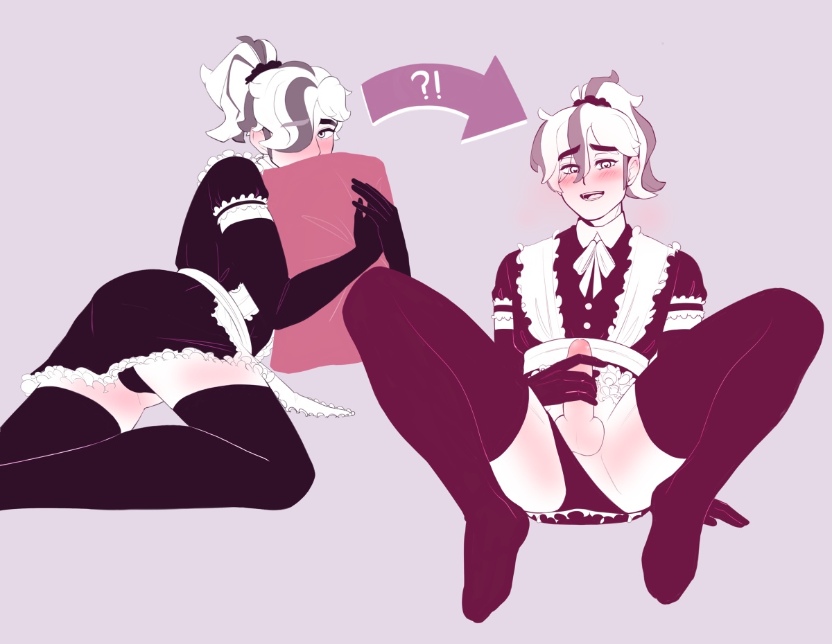 1boy, arven (pokemon), blush, crossdressing, femboy, maid uniform, male, male only, masturbation, penis, pillow, pokemon, pokemon sv, ponytail, stockings, uncensored