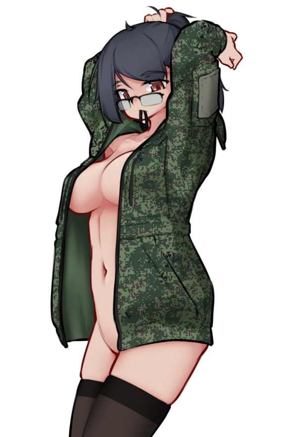 armedshipyard escape_from_tarkov female functionally_nude glasses jacket naked_jacket no_bra no_panties open_jacket original_character ponytail thighhighs