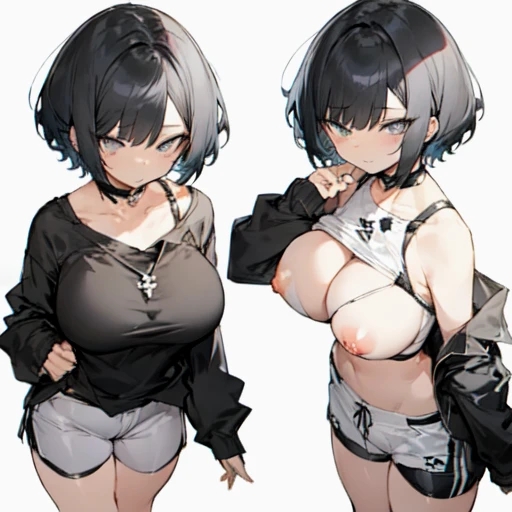 2girls ai_generated big_breasts black_clothing black_hair blush breasts_out clothing grey_eyes huge_breasts kuu_(kuuderealt) long_sleeves looking_at_viewer looking_up original original_character pale-skinned_female pale_skin pink_nipples pixai sad self_insert shirt shirt_lift shirt_up short_hair smug sweatshirt white_clothing white_shorts