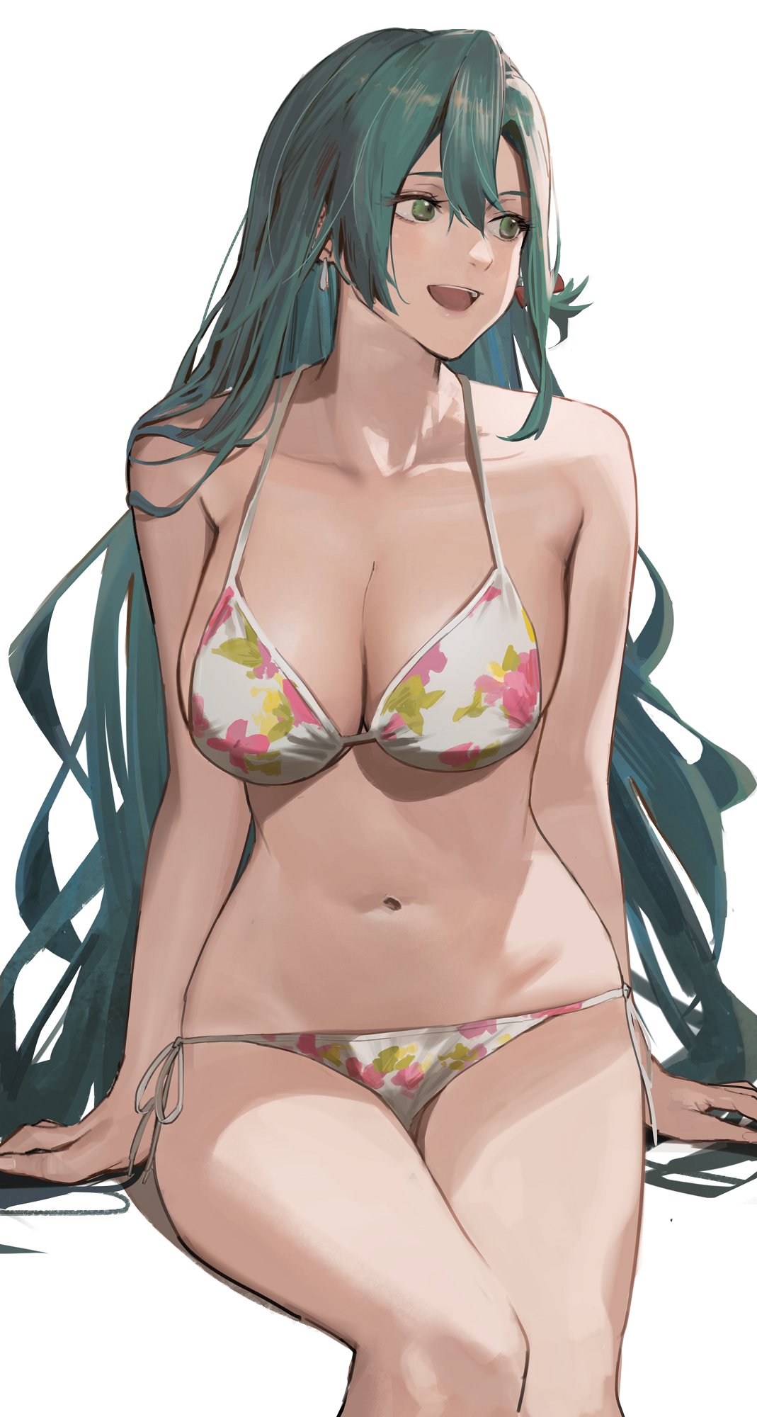 1girls alternate_costume aqua_hair bare_legs bare_shoulders bikini braid breasts chloe_(fire_emblem) cleavage ear_piercing earrings female female_only fire_emblem fire_emblem_engage floral_print flower_bikini green_eyes green_hair halterneck highres j@ck jewelry large_breasts long_hair navel nintendo open_mouth plain_background side-tie_bikini_bottom simple_background sitting smile solo string_bikini swimsuit teardrop_earring thighs very_long_hair white_background white_bikini white_swimsuit