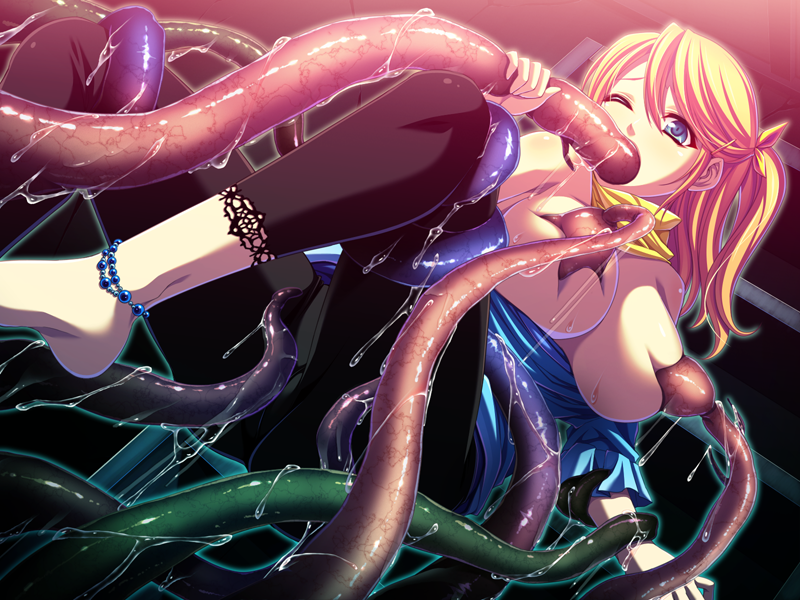 anklet ascot bead_anklet black_pants blonde_hair blue_shirt breast_sucking breasts dark jewelry kudou_yumi large_breasts milking_tentacles non-web_source one_eye_closed pants rape shirt shokusai_no_miyako slime_(substance) sweat tagme tentacle tentacle_in_mouth tentacle_sucking_breasts yellow_ascot