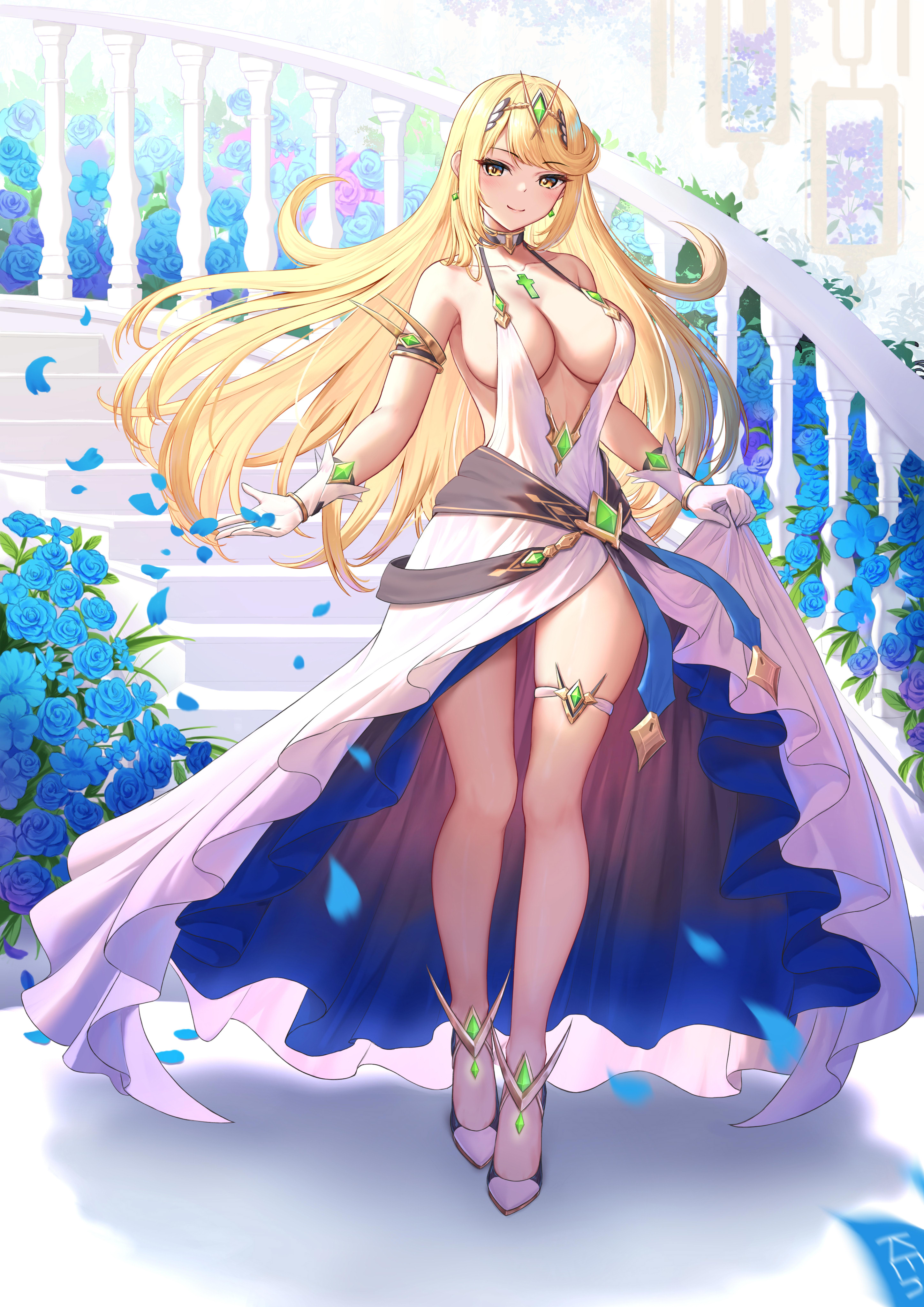 1girls, absurd res, bare legs, bare shoulders, blonde hair, breasts, busty, cleavage, core crystal, curvy, dress, earrings, emerald, female, female only, flower, flowers, gloves, high heels, highres, hourglass figure, ken-san, large breasts, long hair, midriff, monolith soft, mythra, nintendo, sideboob, thick thighs, thigh strap, thighs, very long hair, voluptuous, white dress, white gloves, white high heels, wide hips, xenoblade (series), xenoblade chronicles 2, yellow eyes