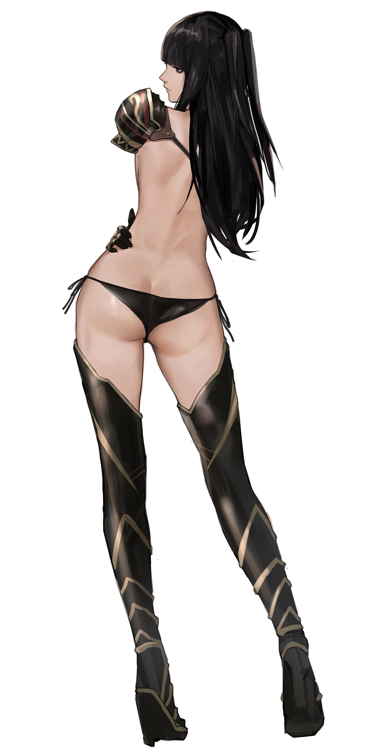1girls, absurdres, alternate costume, armor, ass, ass crack, back, back view, bikini, bikini bottom only, black eyes, black hair, breasts, butt crack, english commentary, english text, female, female only, fire emblem, fire emblem awakening, hi res, high heels, highres, j@ck, like and retweet, long hair, looking at viewer, looking to the side, meme, nintendo, shoulder armor, shoulder pads, side-tie bikini bottom, solo, stockings, string bikini, strip game, swimsuit, tharja (fire emblem), thong, thong bikini, topless, twitter strip game, two side up