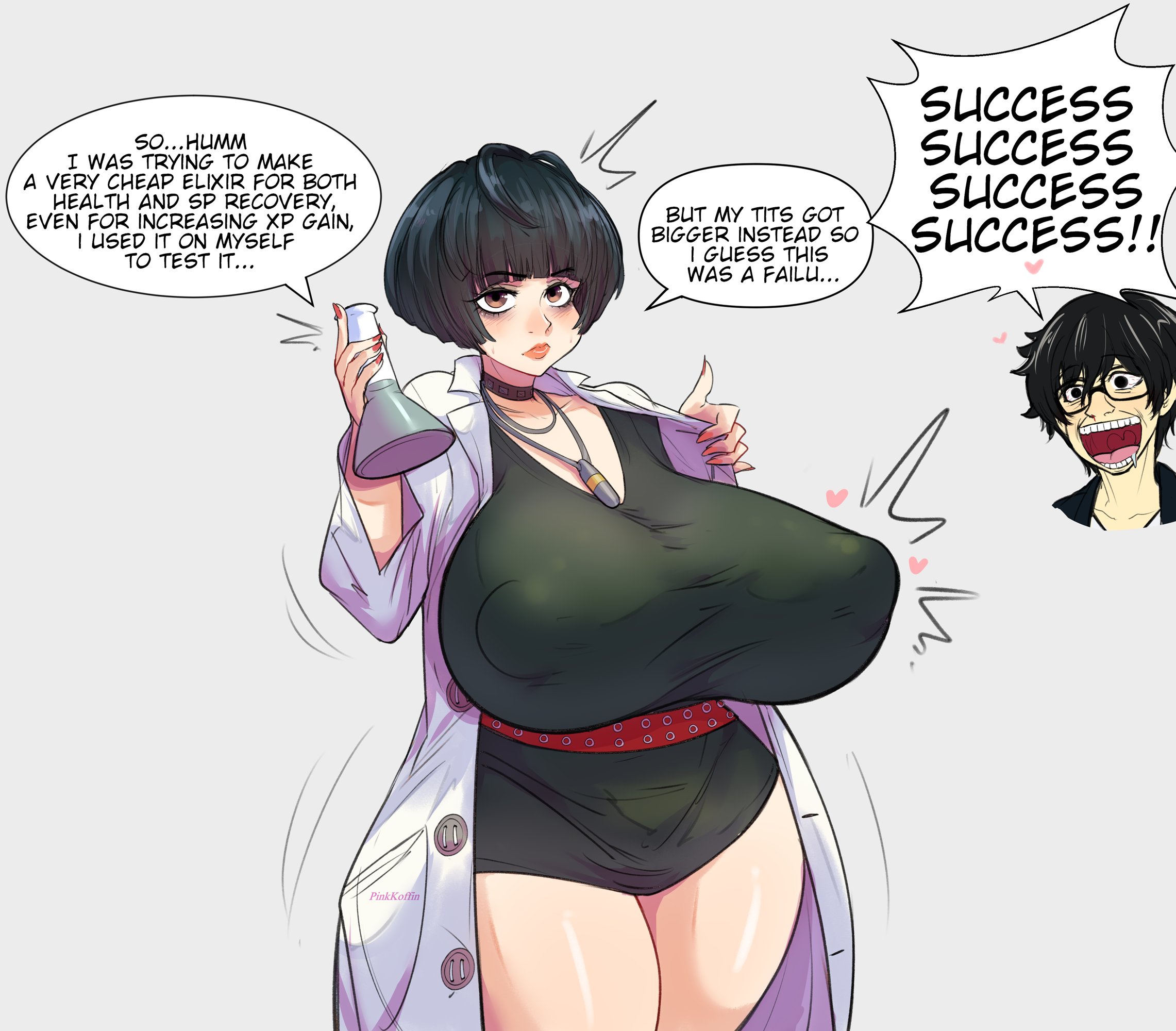 1girls, alternate breast size, atlus, breast expansion, breast growth, breast growth (enlargement), breasts, clothed, dialogue, english text, female, gorh, hi res, hips, huge breasts, hyper, joker (persona), light skin, light-skinned female, megami tensei, nipple bulge, nipples visible through clothing, persona, persona 5, pinkkoffin, short hair, tae takemi, thick thighs, thighs, wide hips