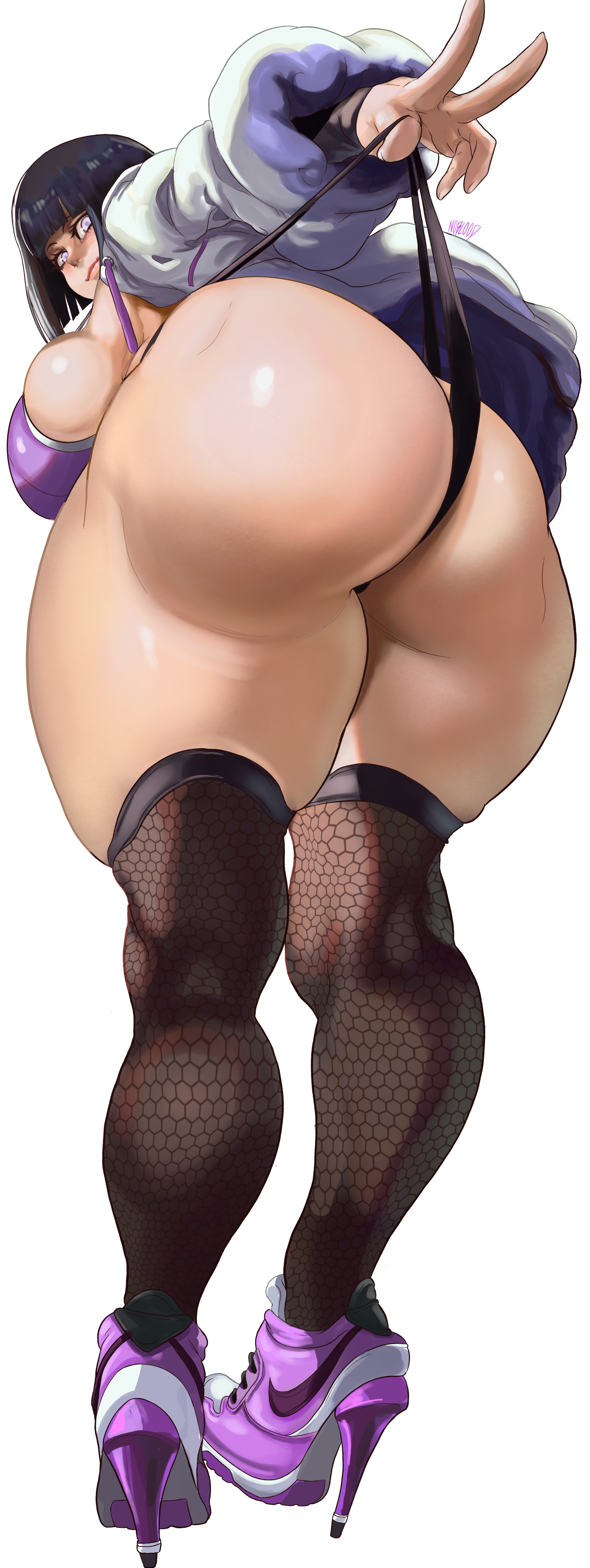 1girls, absurd res, ass, ass crack, big ass, big butt, bubble ass, bubble butt, butt crack, female, female only, fishnets, heels, high heel boots, high heel sneakers, high heeled boots, high heels, hyuuga hinata, looking at viewer, naruto, naruto (series), naruto shippuden, noblood, presenting hindquarters, purple hair, thong, voluptuous, wide hips, wide thighs