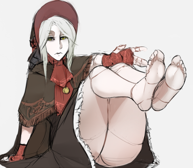 bloodborne bonnet colored_sketch doll_joints dress foot_fetish foot_focus fromsoftware lolita_fashion looking_at_viewer plain_doll scas sketch solo white_hair yellow_eyes