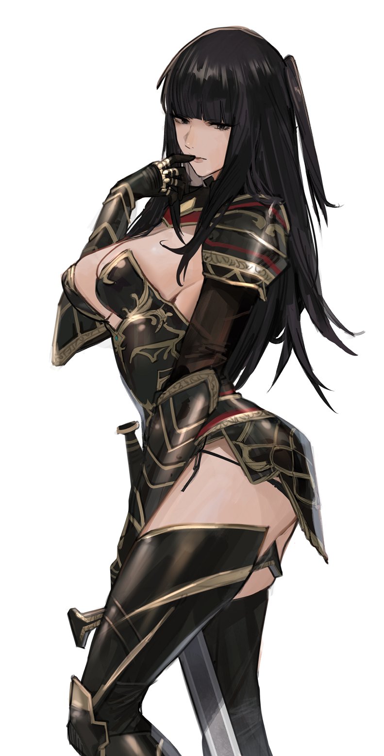 1girls, alternate costume, armor, black hair, black panties, blunt bangs, breasts, cleavage, english commentary, female, female only, fire emblem, fire emblem awakening, gauntlets, greaves, highres, j@ck, like and retweet, long hair, meme, panties, pauldrons, shoulder armor, sideboob, solo, sword, tharja (fire emblem), twitter strip game, two side up, underwear, weapon