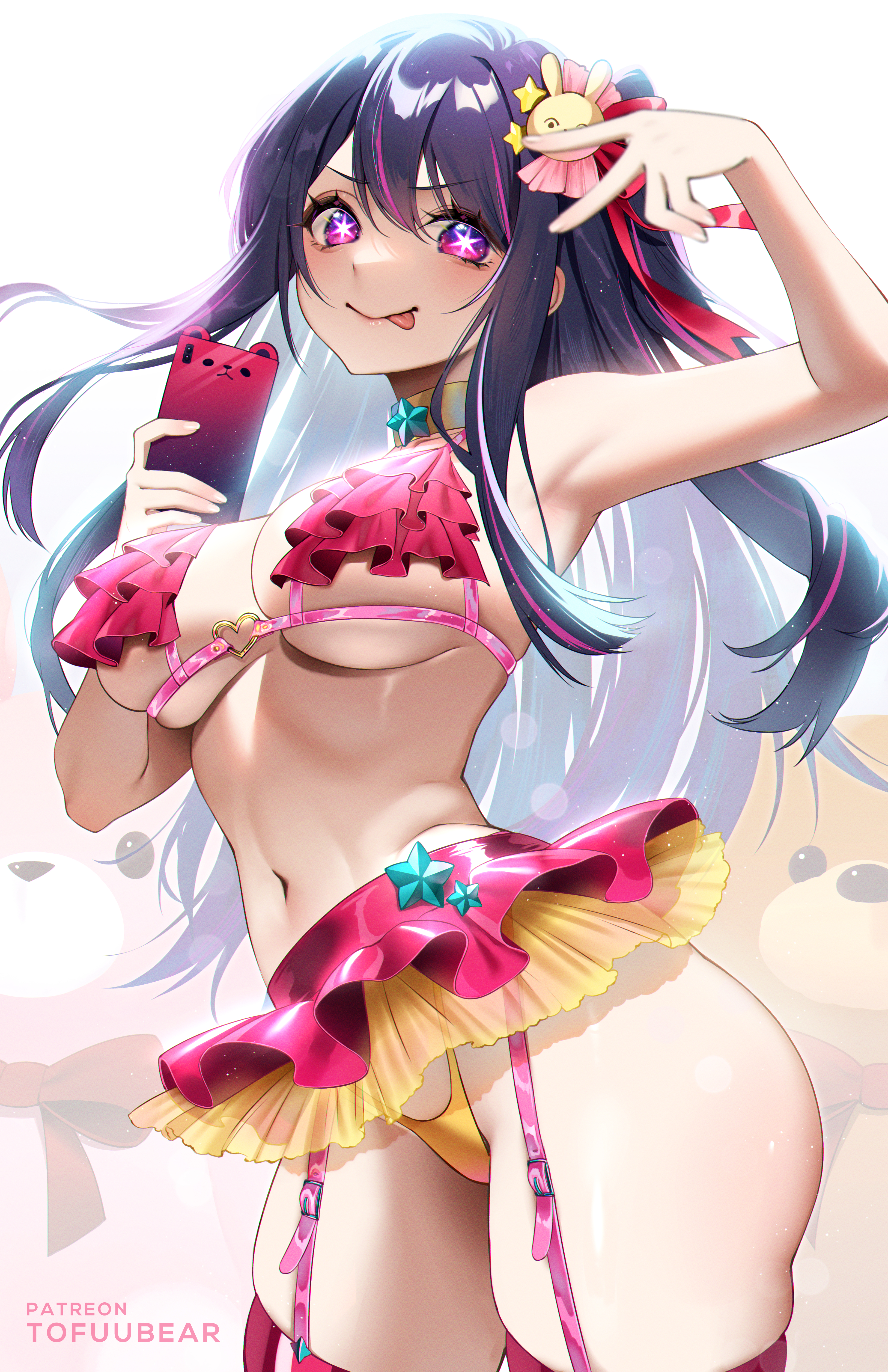 :p, 1girls, bikini, breasts, cellphone, cleavage, female, female only, garter straps, hair ornament, hi res, highres, hoshino ai, long hair, looking at viewer, medium breasts, microskirt, miniskirt, navel, oshi no ko, purple eyes, purple hair, revealing clothes, skimpy clothes, skirt, solo, solo female, star-shaped pupils, symbol-shaped pupils, thick thighs, thighhighs, tofuubear, underboob, v