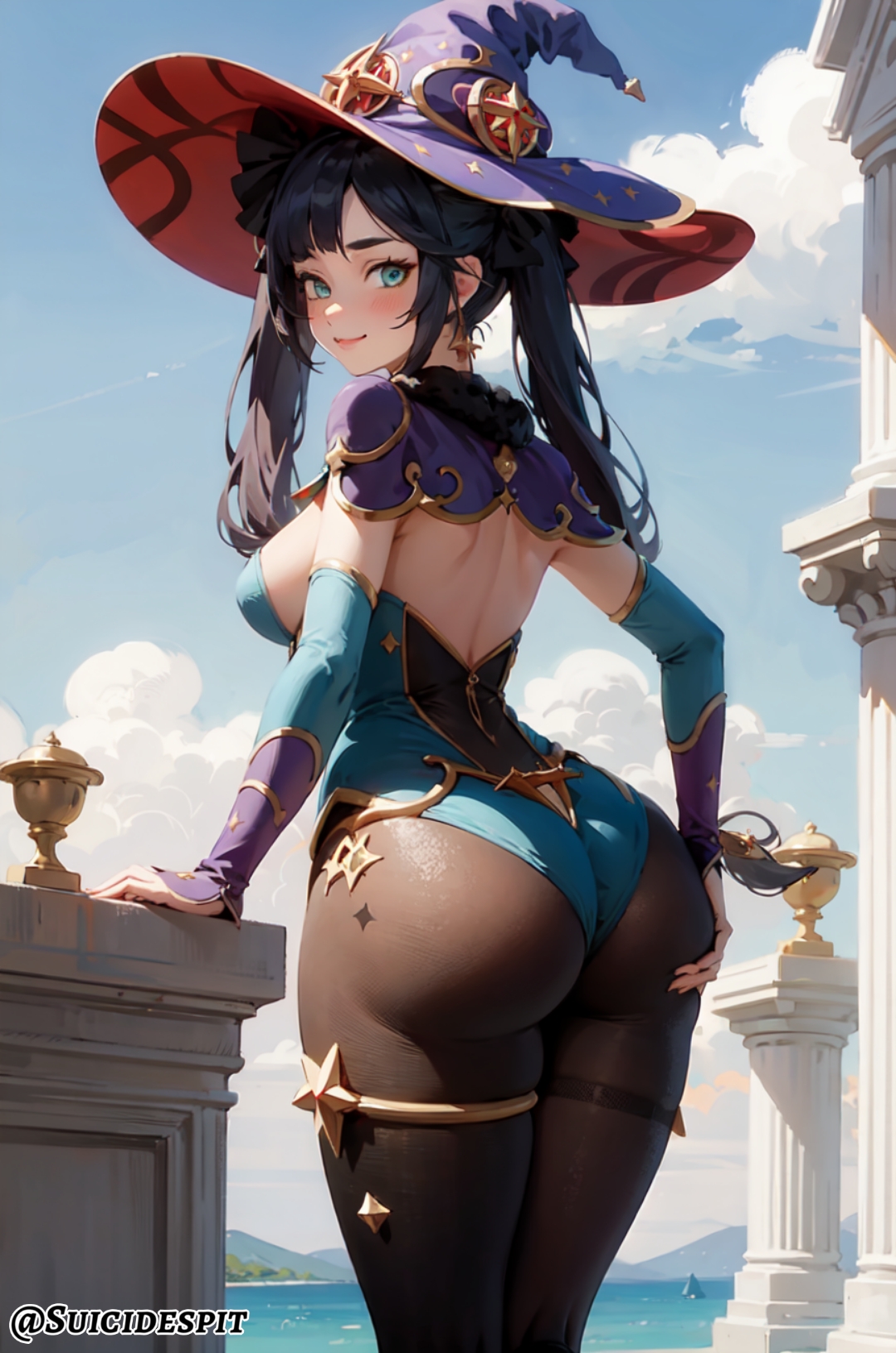 ai generated, ass, ass focus, back, big ass, blue eyes, blush, breasts, female, female only, from behind, genshin impact, leotard, long hair, looking at viewer, looking back, mona (genshin impact), pantyhose, purple hair, round ass, small breasts, solo, suicidespit, thick thighs, thighs, twintails