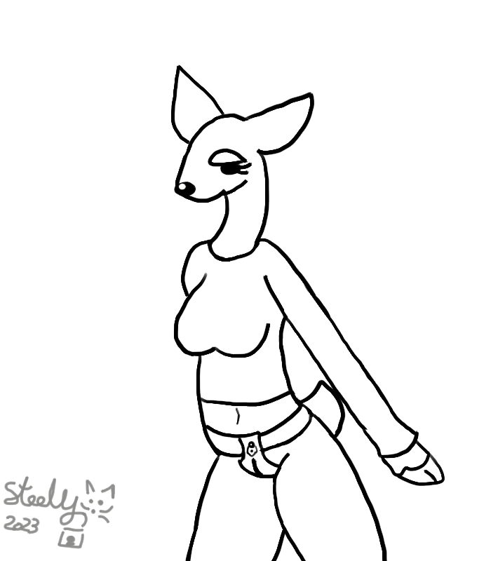1girls 2023 anthro bottomless bottomless_anthro bottomless_female chastity_belt chastity_device clothed clothing deer digital_media_(artwork) female female_chastity female_only hoof_hands hooves lock mammal navel padlock partially_clothed shirt signed simple_background solo steelgatomon submissive submissive_anthro submissive_female topwear white_background
