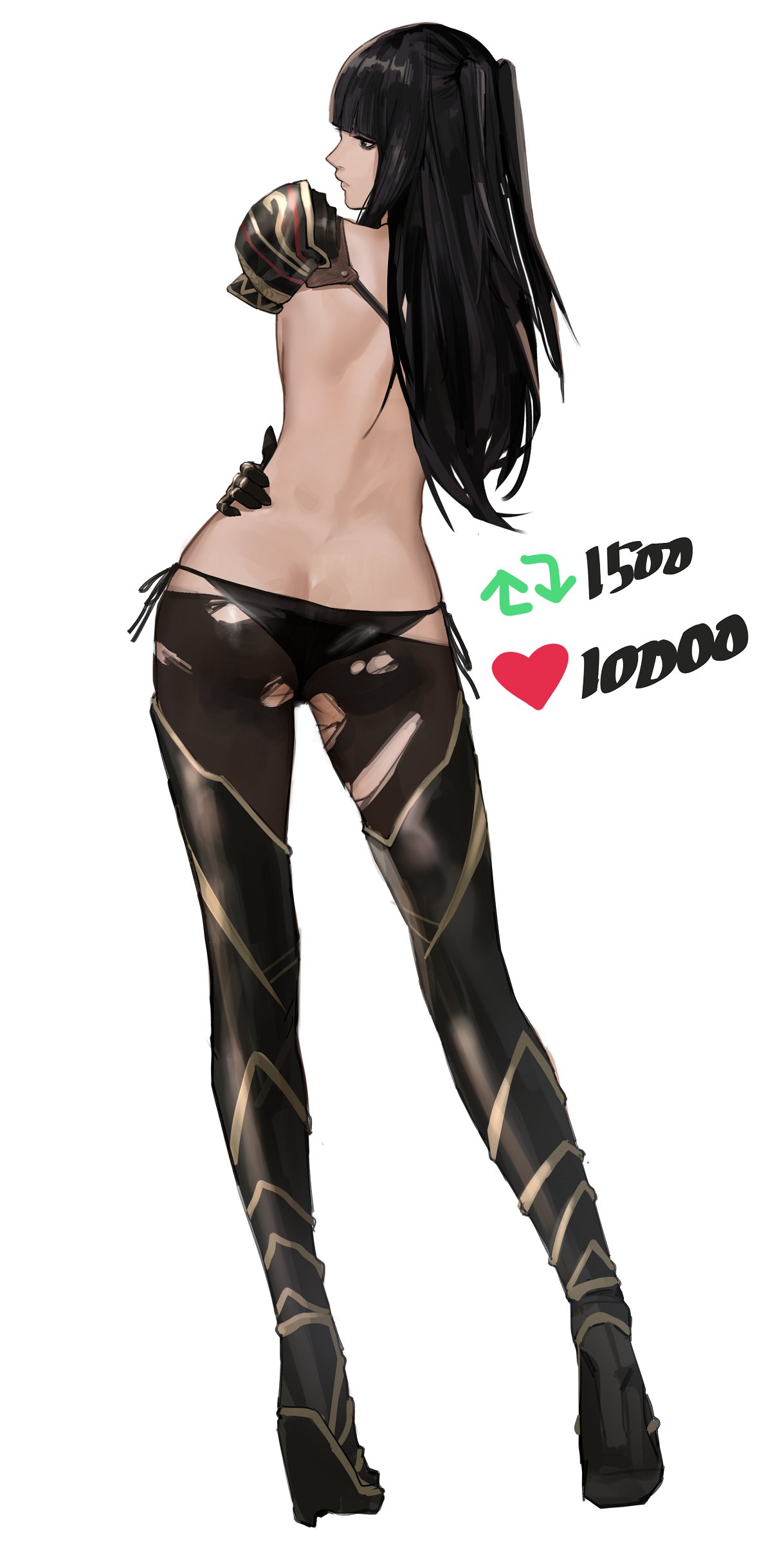 1girls, absurdres, alternate costume, armor, ass, ass crack, back, back view, bare back, big ass, bikini, bikini bottom only, black hair, black pantyhose, breasts, butt crack, english text, female, female only, fire emblem, fire emblem awakening, highres, j@ck, like and retweet, long hair, looking at viewer, looking to the side, meme, pantyhose, shoulder armor, side-tie bikini bottom, solo, string bikini, swimsuit, tharja (fire emblem), thong, thong bikini, topless, torn clothes, torn pantyhose, twitter strip game, two side up