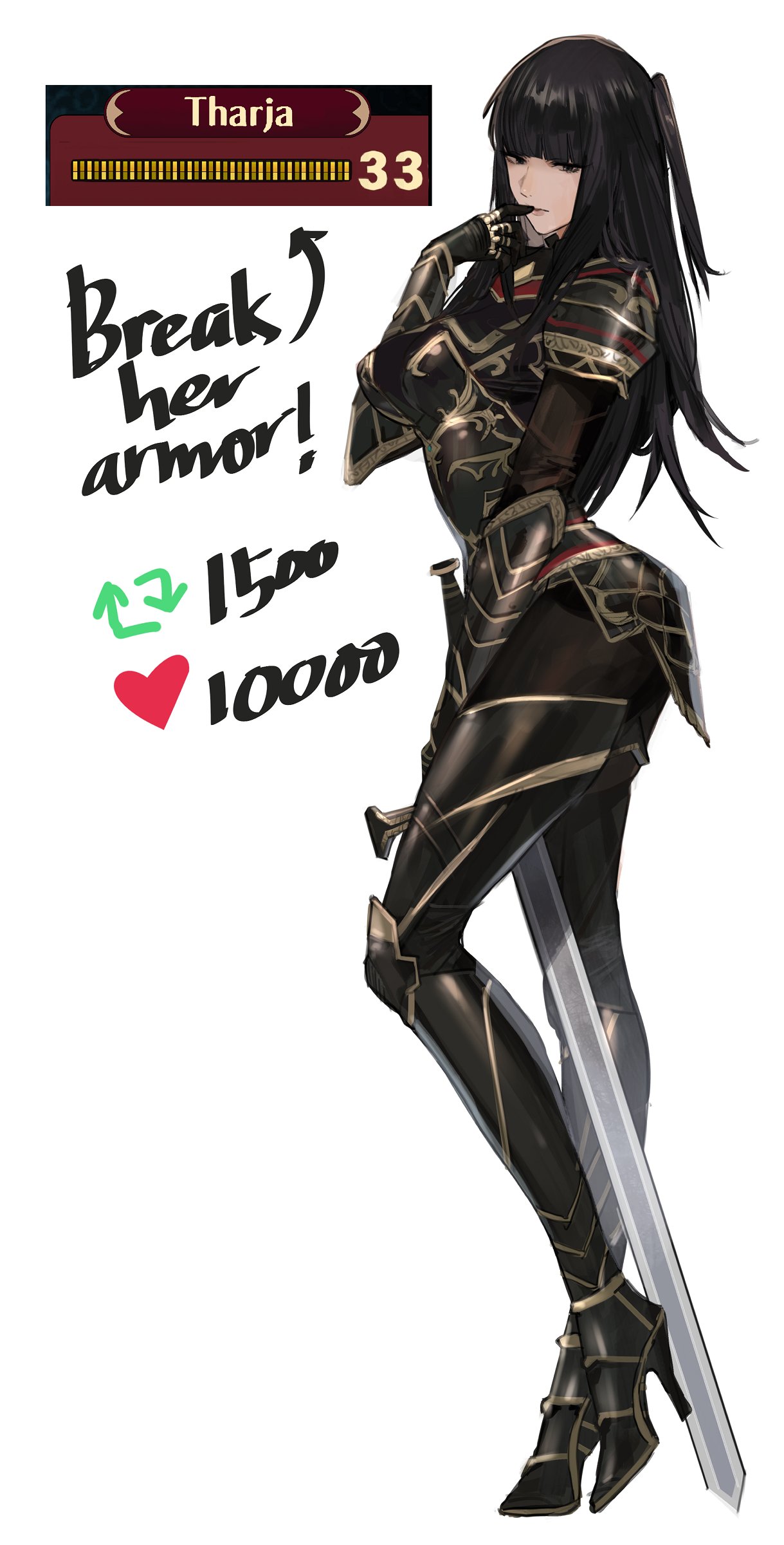 1girls, absurdres, alternate costume, armor, black hair, blunt bangs, breastplate, english commentary, english text, female, female only, fire emblem, fire emblem awakening, full body, gauntlets, greaves, high heels, highres, j@ck, like and retweet, long hair, meme, nintendo, pauldrons, shoulder armor, solo, sword, tharja (fire emblem), twitter strip game, two side up, weapon