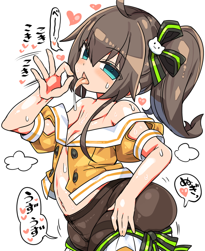 ahoge aqua_eyes black_ribbon breasts brown_hair cleavage fellatio_gesture female green_ribbons hair_ribbon hololive hololive_gen_1 hololive_japan kanikama looking_at_viewer motion_lines natsuiro_matsuri natsuiro_matsuri_(1st_costume) navel open_mouth ribbon side_ponytail simple_background small_breasts solo sweat tongue tongue_out two-tone_ribbon virtual_youtuber white_background