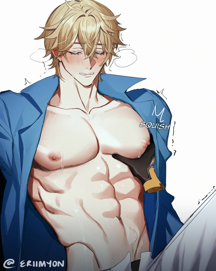 abs black_underwear blonde_hair blue_jacket blush closed_eyes embarrassed embarrassed_male eriimyon gepard_(honkai:_star_rail) grabbing grabbing_chest grabbing_nipples grbbing_breasts hair hand honkai:_star_rail male_nipple_stimulation male_only nipples pants stelle_(honkai:_star_rail) white_pants