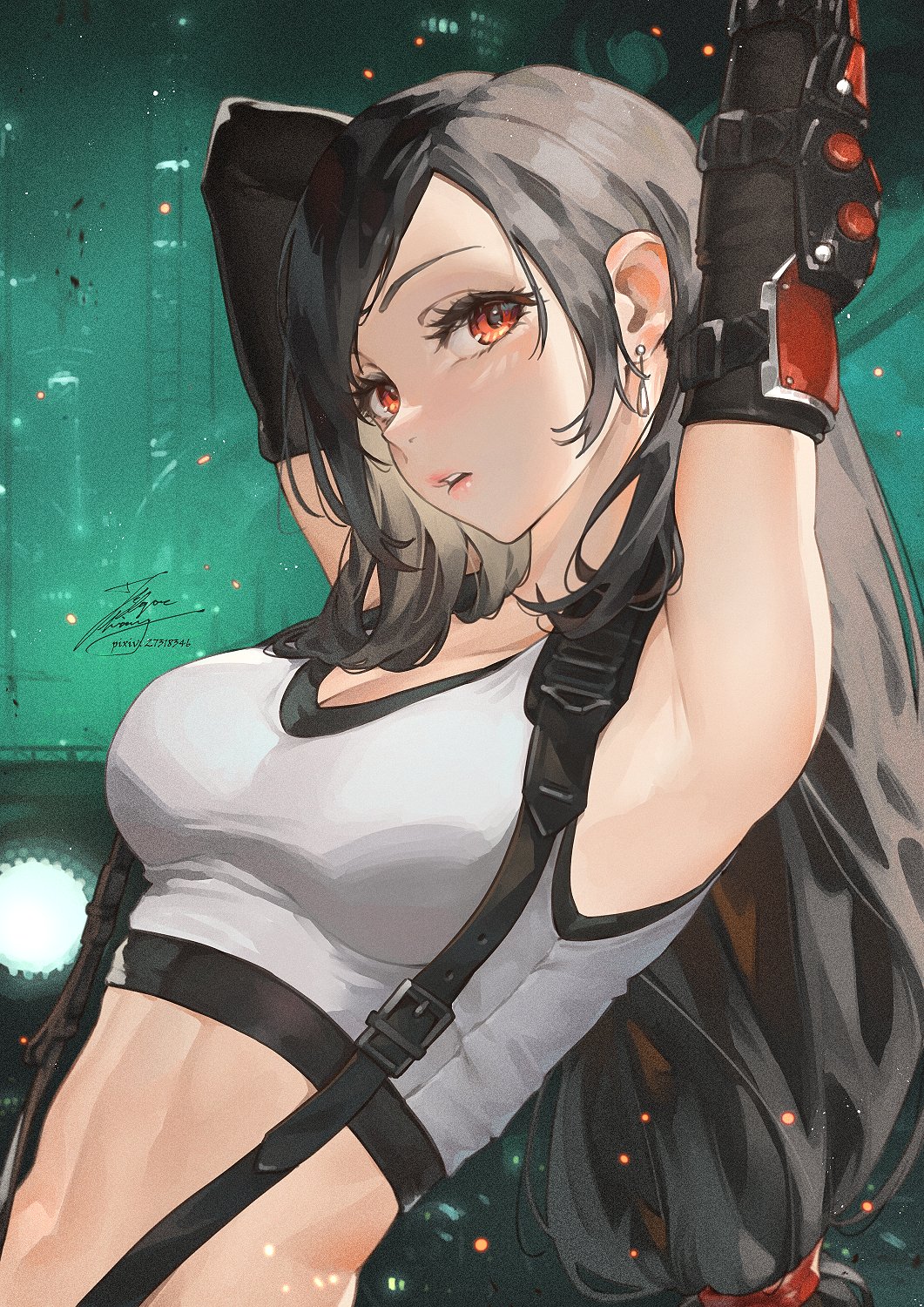 1girls arm_behind_head armpits arms_up artist_name big_breasts black_hair busty fadingzz female female_only final_fantasy final_fantasy_vii final_fantasy_vii_remake hi_res large_breasts long_hair midriff navel parted_lips pointy_chin pose posing red_eyes sensual skirt square_enix suspenders tank_top tifa_lockhart toned voluptuous