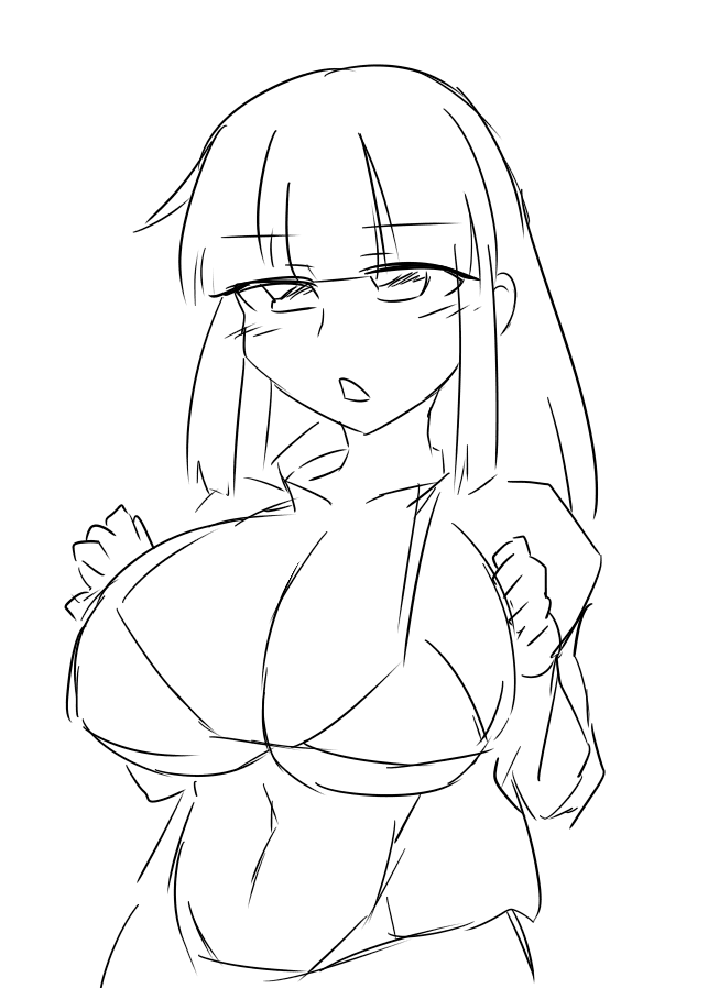 character_request cleavage huge_breasts midriff monochrome sketch teeku thick_thighs