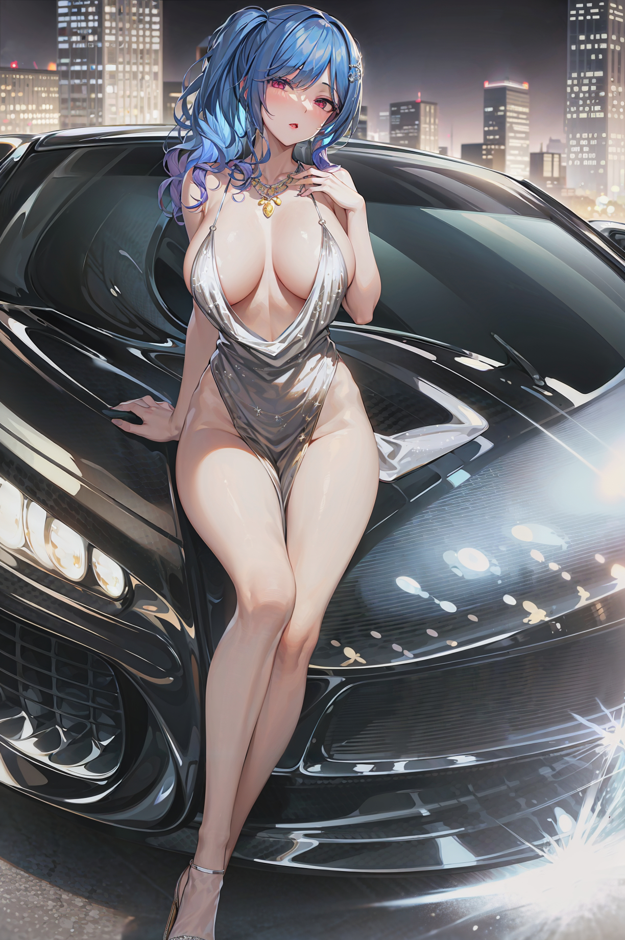 1girls, ai generated, azur lane, breasts, cleavage, dress, female, hi res, hips, huge breasts, light skin, light-skinned female, medium hair, necklace, revealing clothes, side ponytail, st. louis (azur lane), st. louis (luxurious wheels) (azur lane), stable diffusion, thick thighs, thighs, wide hips