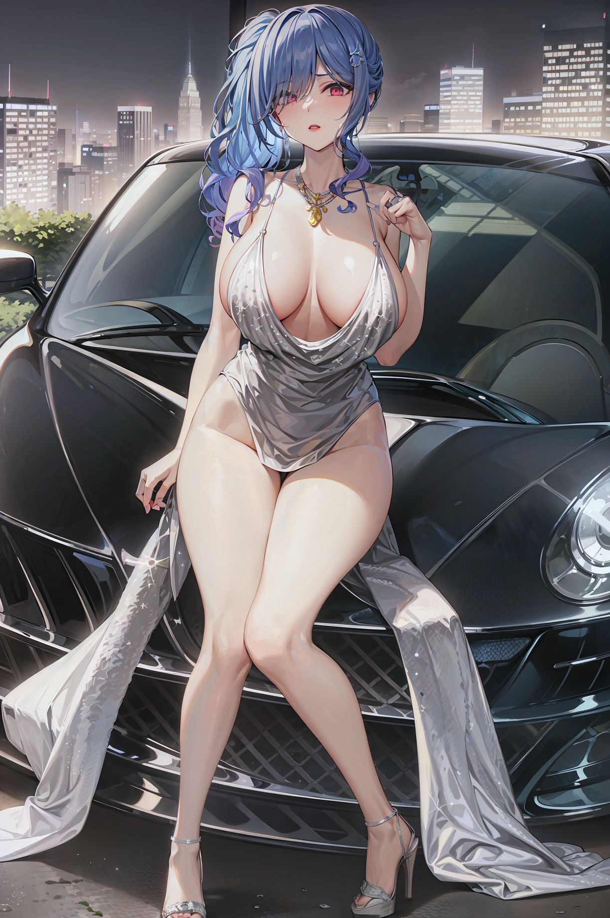1girls, ai generated, azur lane, breasts, cleavage, dress, female, hi res, hips, huge breasts, light skin, light-skinned female, medium hair, necklace, open toe shoes, revealing clothes, side ponytail, st. louis (azur lane), st. louis (luxurious wheels) (azur lane), stable diffusion, thick thighs, thighs, wide hips