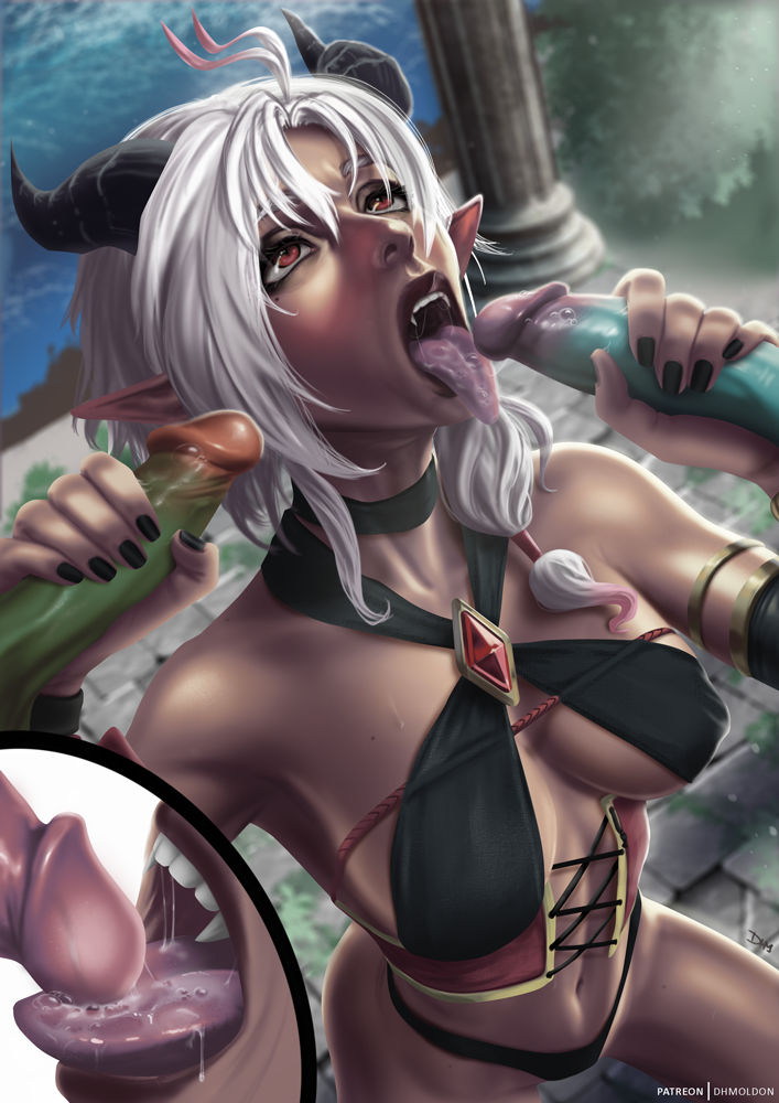 1girls blowjob combatants_will_be_dispatched! dhmoldon drooling dual_handjob fanart female heine_of_the_flames horns looking_up mmf_threesome on_knees oral red_eyes sloppy_blowjob stroking_penis tan_skin tongue_out villain white_hair