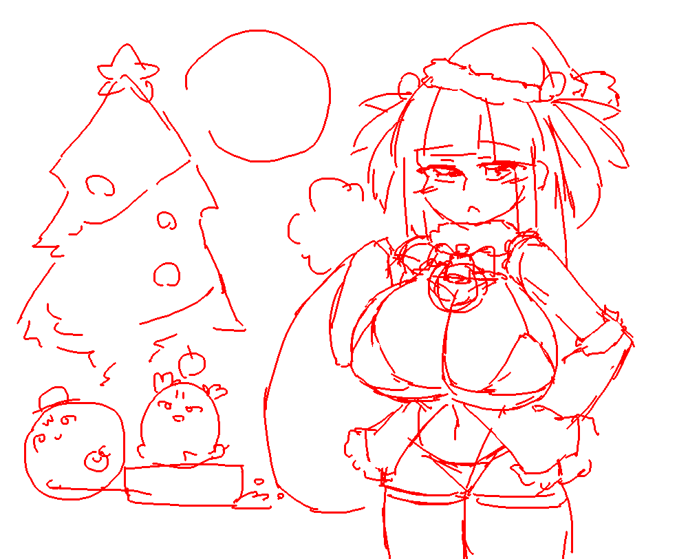 busou_shinki character_request christmas cleavage embarrassed monochrome sketch teeku