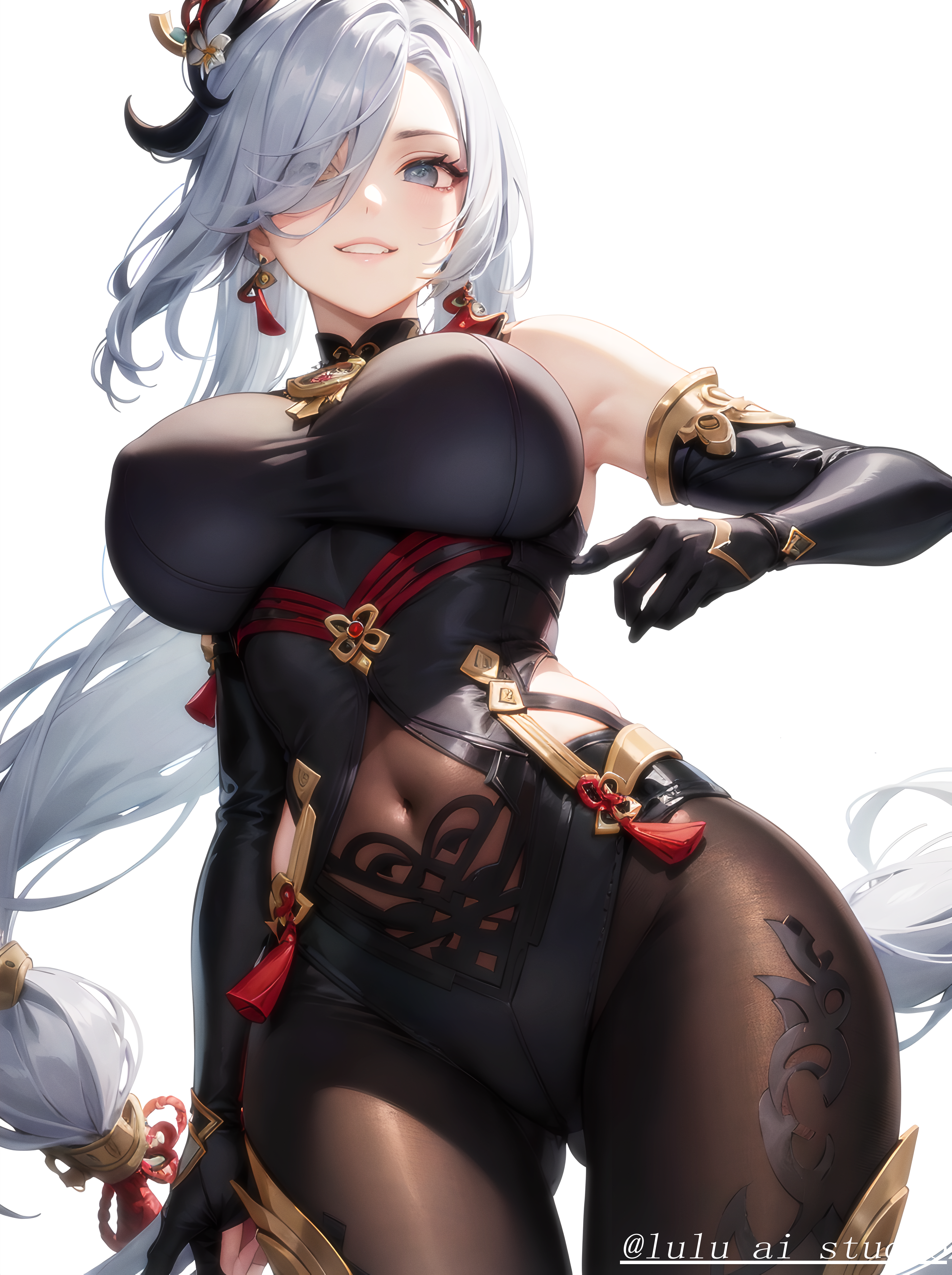 1girls, 2d, ai generated, bangs, big breasts, blue hair, breasts, color, female, female only, genshin impact, grey hair, hair over one eye, light skin, light-skinned female, long hair, looking at viewer, shenhe (genshin impact), silver hair, simple background, solo, stable diffusion, teeth, thighs, twintails, very long hair, watermark, white background