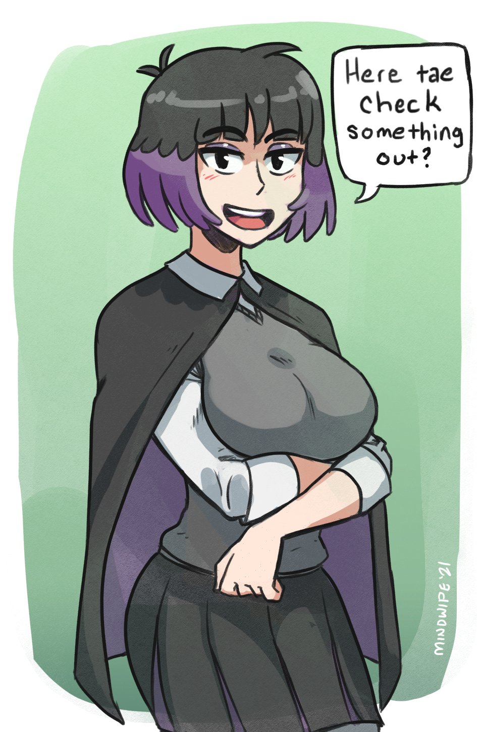 1girls arms_crossed arms_crossed_under_breasts ass big_ass big_breasts black_cape black_eyes black_hair black_skirt blush bob_cut breast_hold breast_lift breasts busty crossed_arms eyelids eyeliner green_background grey_vest happy happy_female hilda_(series) kaisa_(hilda) large_ass large_breasts looking_at_viewer mindwipe purple_cape purple_eyelids purple_eyeliner purple_hair shirt short_hair slight_blush two_tone_cape two_tone_hair vest white_background white_shirt