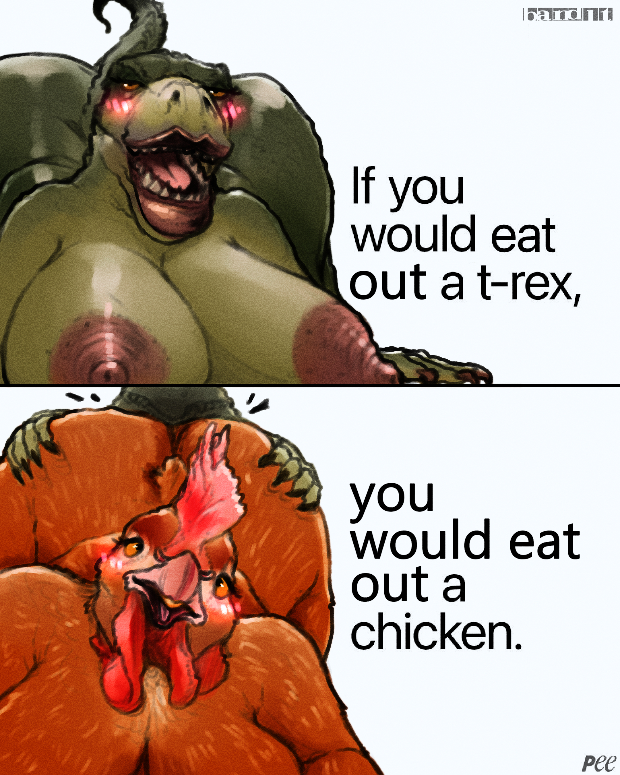 absurd res, anal, anthro, anthro only, areola, ass, ass grab, avian, band1tnsfw, big areola, big ass, big breasts, big butt, bird, blush, blush lines, breasts, butt grab, chicken, cross-eyed, cunnilingus, digital drawing (artwork), digital media (artwork), dinosaur, duo, english text, female, female anthro, female/female, galliform, gallus (genus), glistening, glistening breasts, hand on ass, hand on butt, hi res, lips, long nails, long nipples, looking at viewer, meme, nipples, oral, overweight, overweight anthro, overweight female, phasianid, pussy, raised tail, reptile, rimming, scalie, sequence, sex, simple background, smile, tail, text, theropod, thick lips, thick thighs, tyrannosaurid, tyrannosaurus, tyrannosaurus rex, vaginal penetration