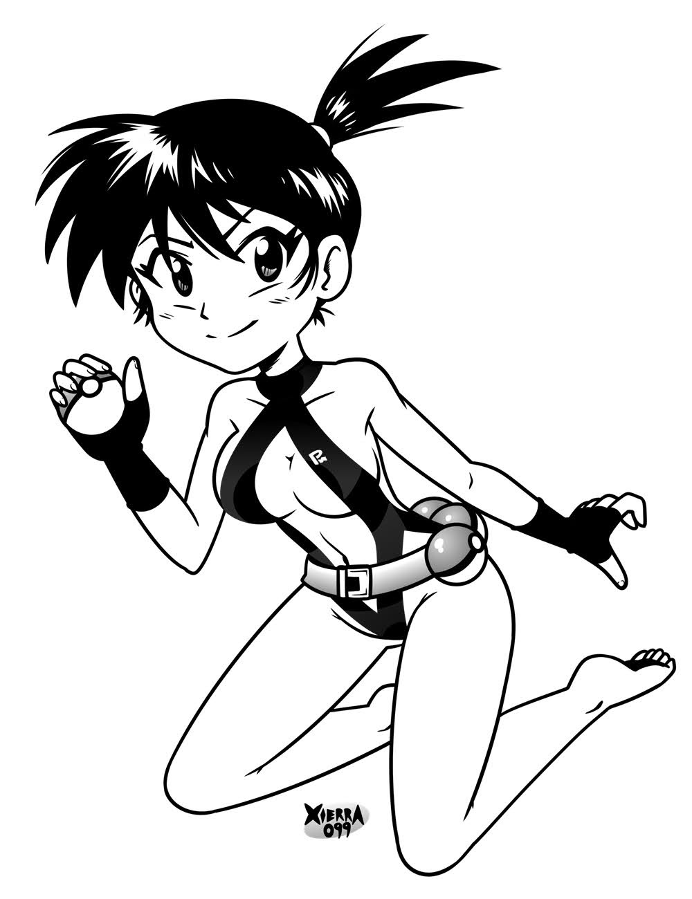 1girls artist_name black_hair fingerless_gloves game_freak holding_pokéball kneeling light-skinned_female looking_at_viewer misty_(pokemon) misty_(the_electric_tale_of_pikachu) monochrome no_color one-piece_swimsuit pokéball_belt pokeball pokemon pokemon_rgby ponytail small_ponytail solo solo_female solo_focus the_electric_tale_of_pikachu white_background xierra099