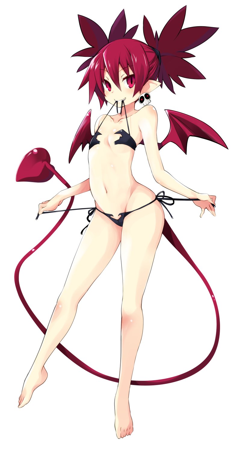 bikini bikini_bottom bikini_in_mouth bikini_pull bikini_top breasts disgaea etna flat_chest iwasi_r nippon_ichi_software skimpy_bikini skimpy_clothes small_breasts succubus succubus_tail succubus_wings