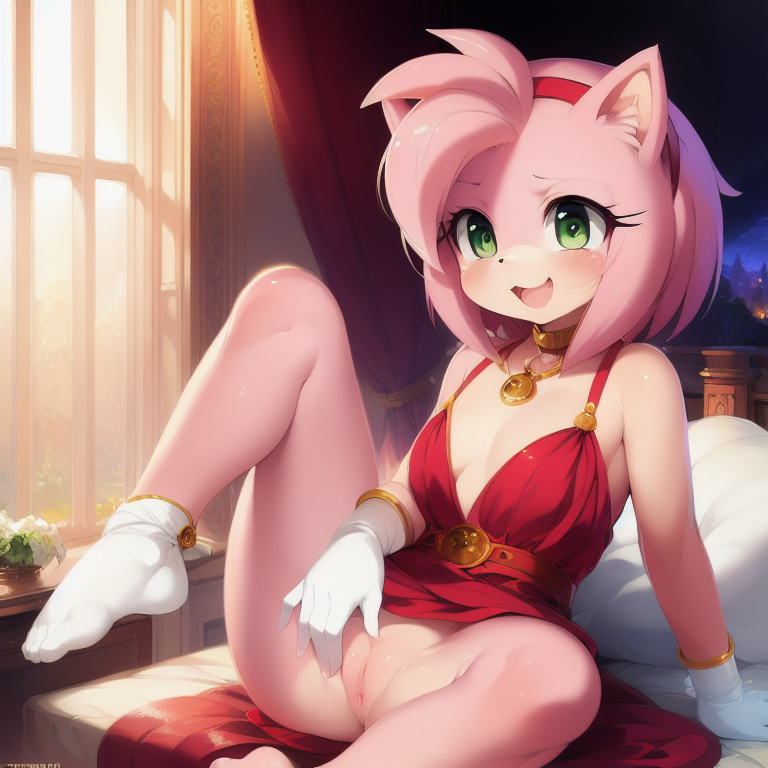 ai generated, amy rose, female, green eyes, kitsuke, lying on bed, pink hair, pussy, pussy exposed, red dress, sitting on bed, sonic (series), spread legs, stable diffusion, touching self, white gloves
