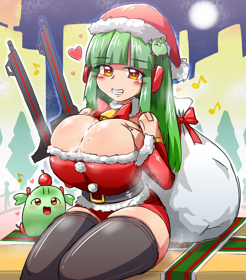 breast_squeeze busou_shinki cum cum_on_breasts huge_breasts santa_hat teeku thick_thighs