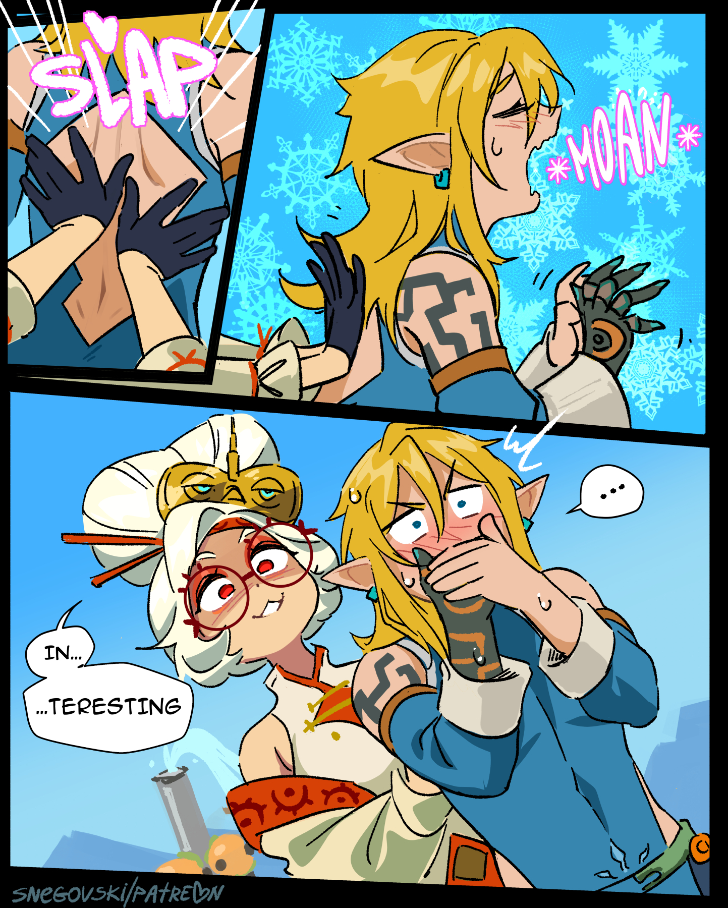 1boy, 1girls, blonde hair, breasts, comic, embarrassed, female, femboy, flustered, frostbite link, frostbite shirt, glasses, link, link (tears of the kingdom), male, malesub, moaning, moaning in pleasure, open back, pointy ears, purah, purah (tears of the kingdom), red eyes, snegovski, straight, tears of the kingdom, text, the legend of zelda, uncommon stimulation, white hair