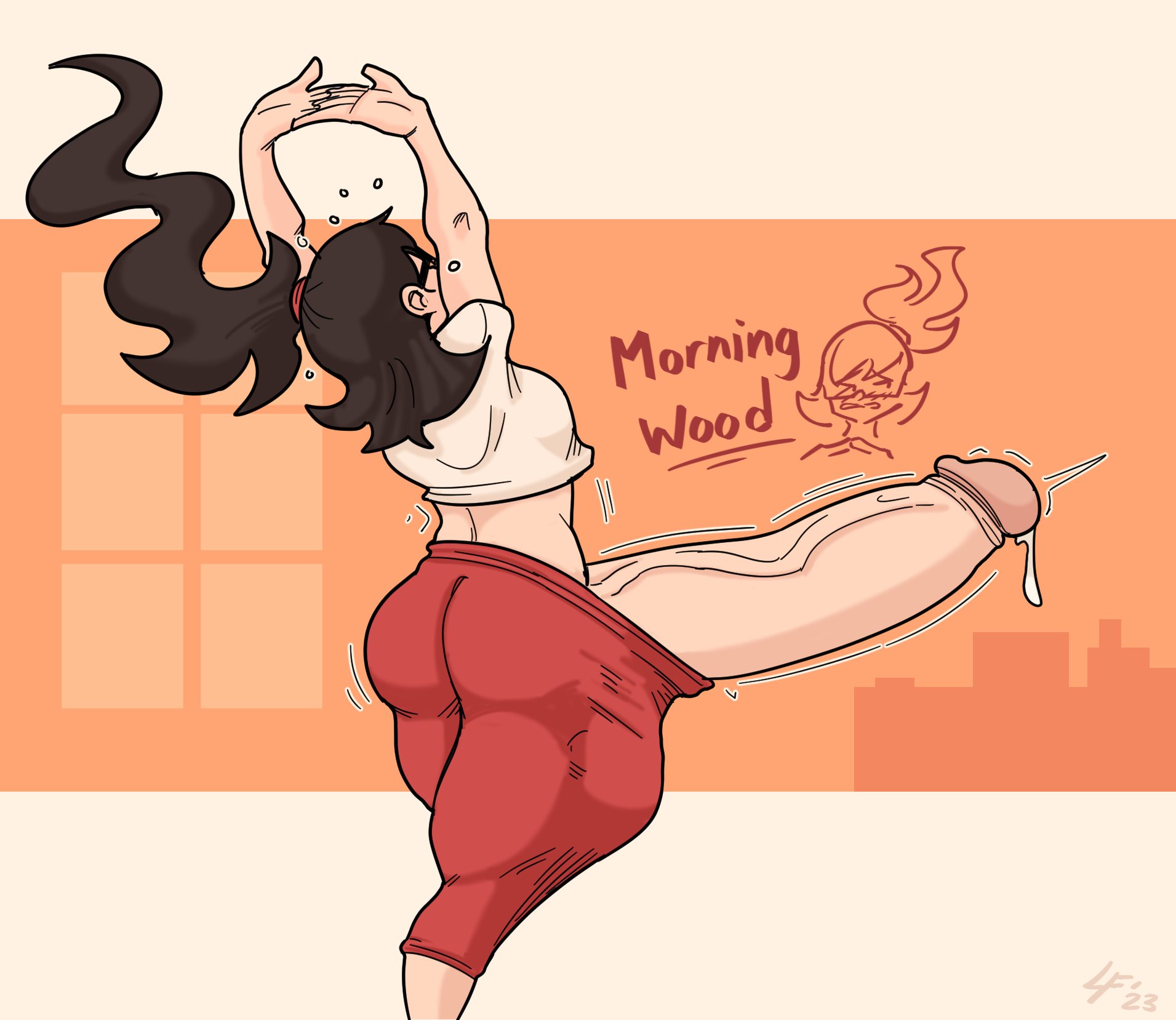 1futa, ass, balls, boner, clothed, clothing, dania (lucy fuchs), english text, erection, futa only, futanari, huge balls, huge cock, human, hyper, hyper penis, intersex, light skin, light-skinned futa, lucy fuchs, morning wood, mostly clothed, penis, precum, solo, standing, text, yawning