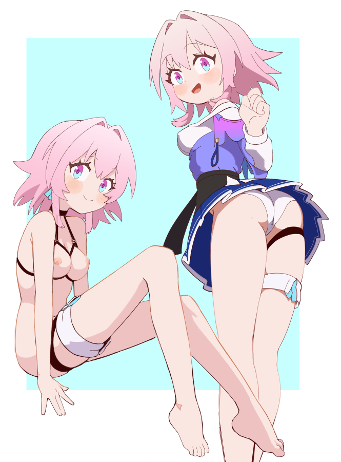 1girls female female_focus female_only formerly honkai:_star_rail lingerie looking_at_viewer march_7th_(honkai:_star_rail) medium_breasts open_bra pink_hair short_hair