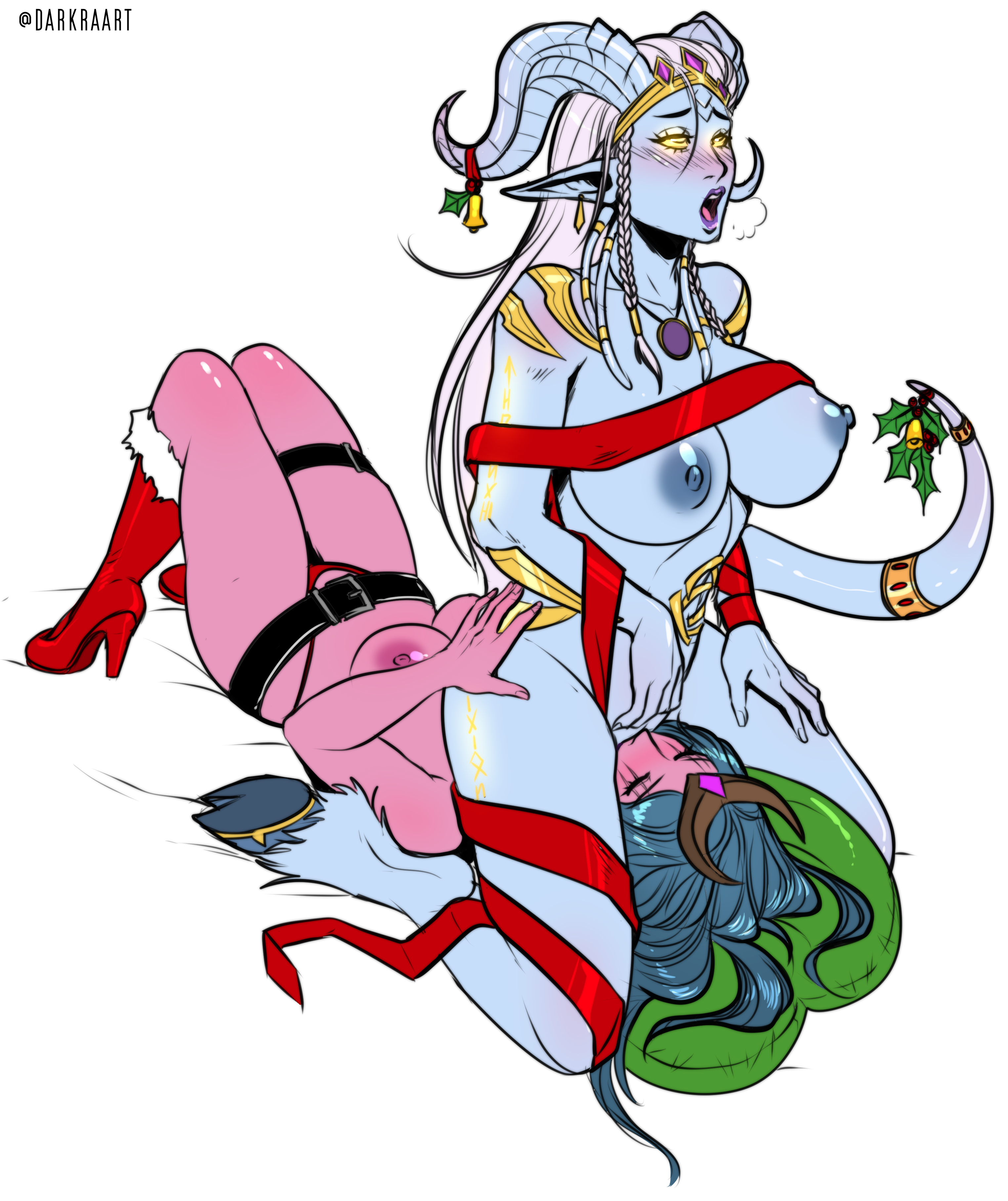 2girls, aqua hair, big breasts, blizzard entertainment, breasts, christmas, cunnilingus, darkra, draenei, exarch uriel, facesitting, female, female only, gold eyes, high heels, interspecies, lightforged draenei, lulusa wildmist, multiple females, multiple girls, night elf, original character, pink skin, warcraft, white hair, winter veil, world of warcraft, yuri