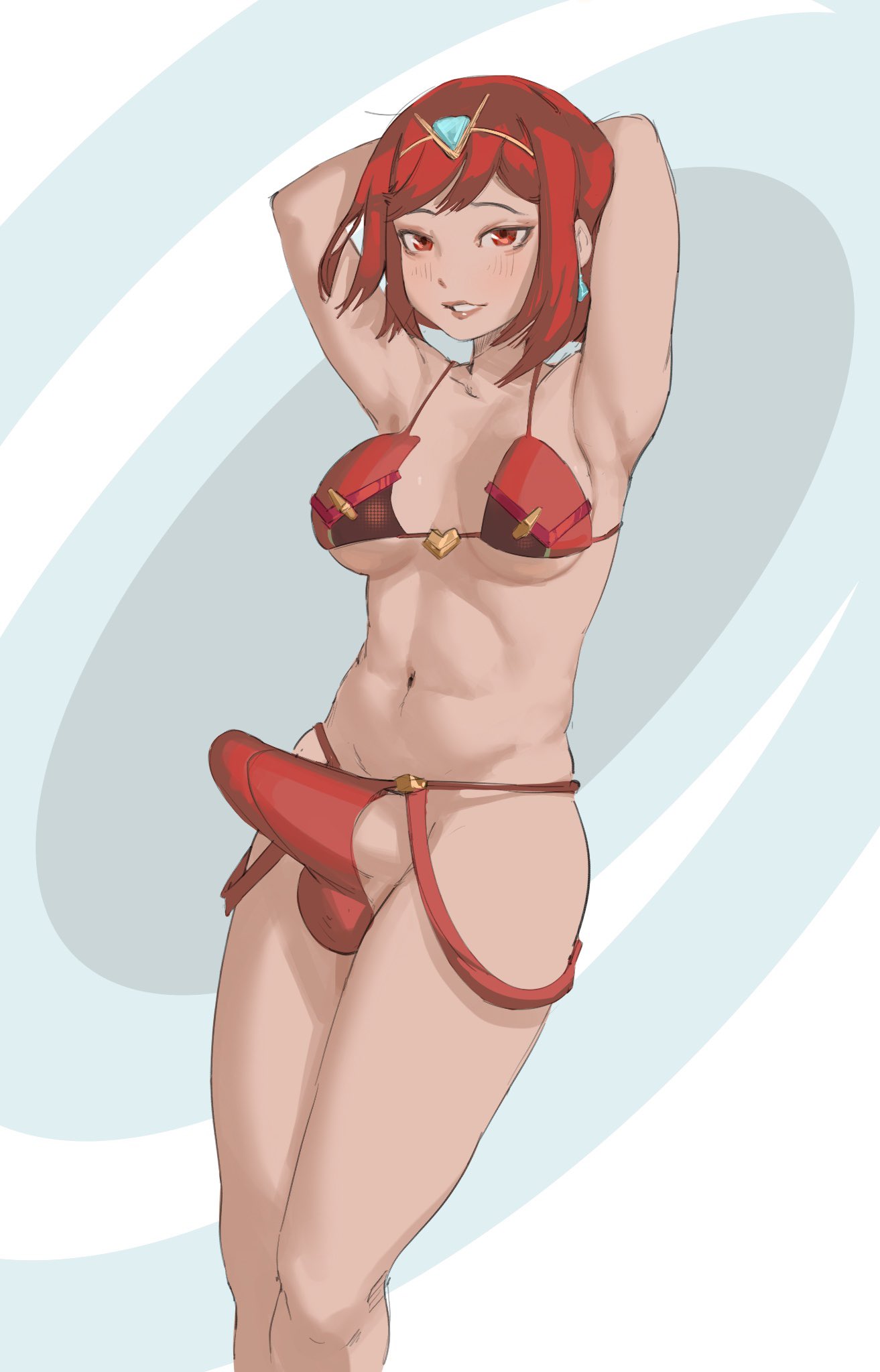 armpits arms_behind_head bikini cleavage erection erection_under_clothes futa_only futanari intersex jalition looking_at_viewer medium_breasts pose pyra pyra_(xenoblade) red_hair solo_futa standing xenoblade_(series) xenoblade_chronicles_2